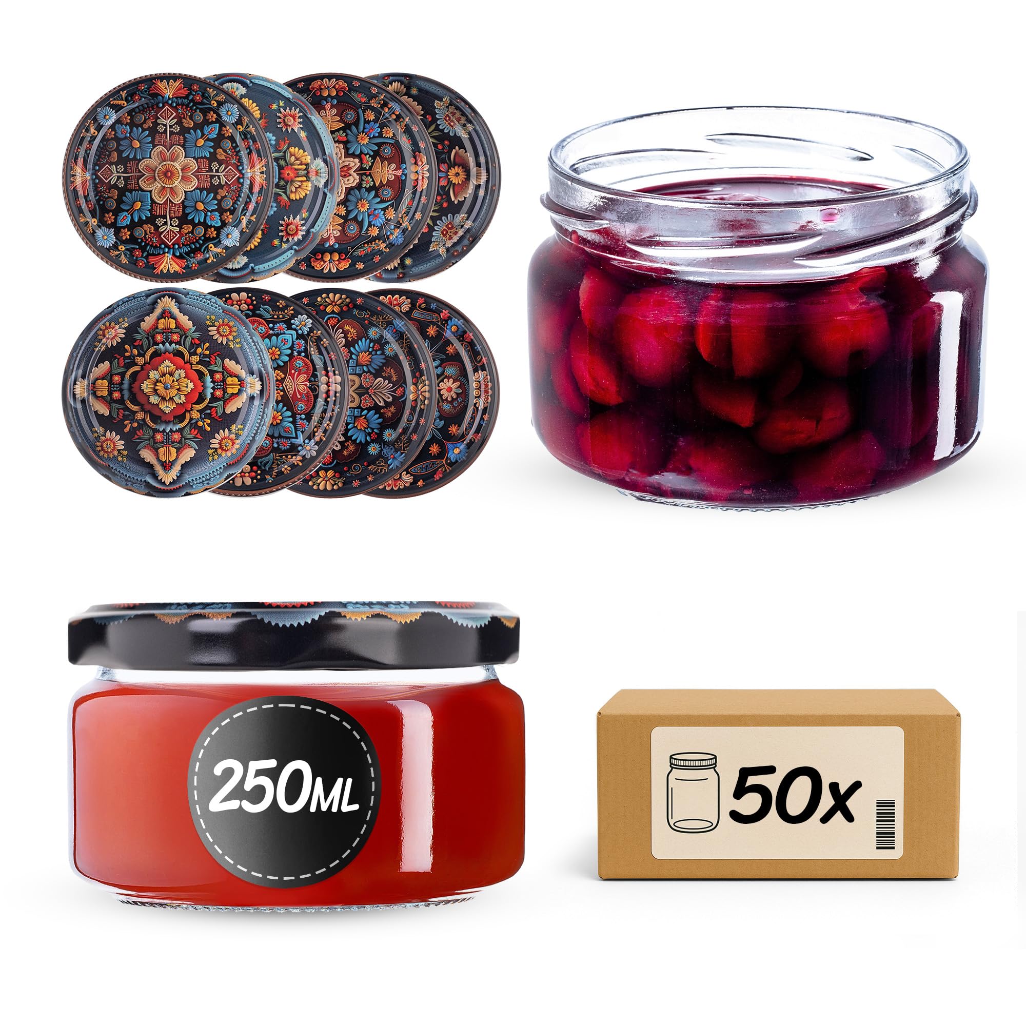 KADAX 50er Set Einmachgläser 250ml TO66 Symmetrische, Marmeladengläser Vorratsgläser Mason Jar mit Schraubdeckel, Luftdicht & Spülmaschinenfest, Honig- & Dessertgläser