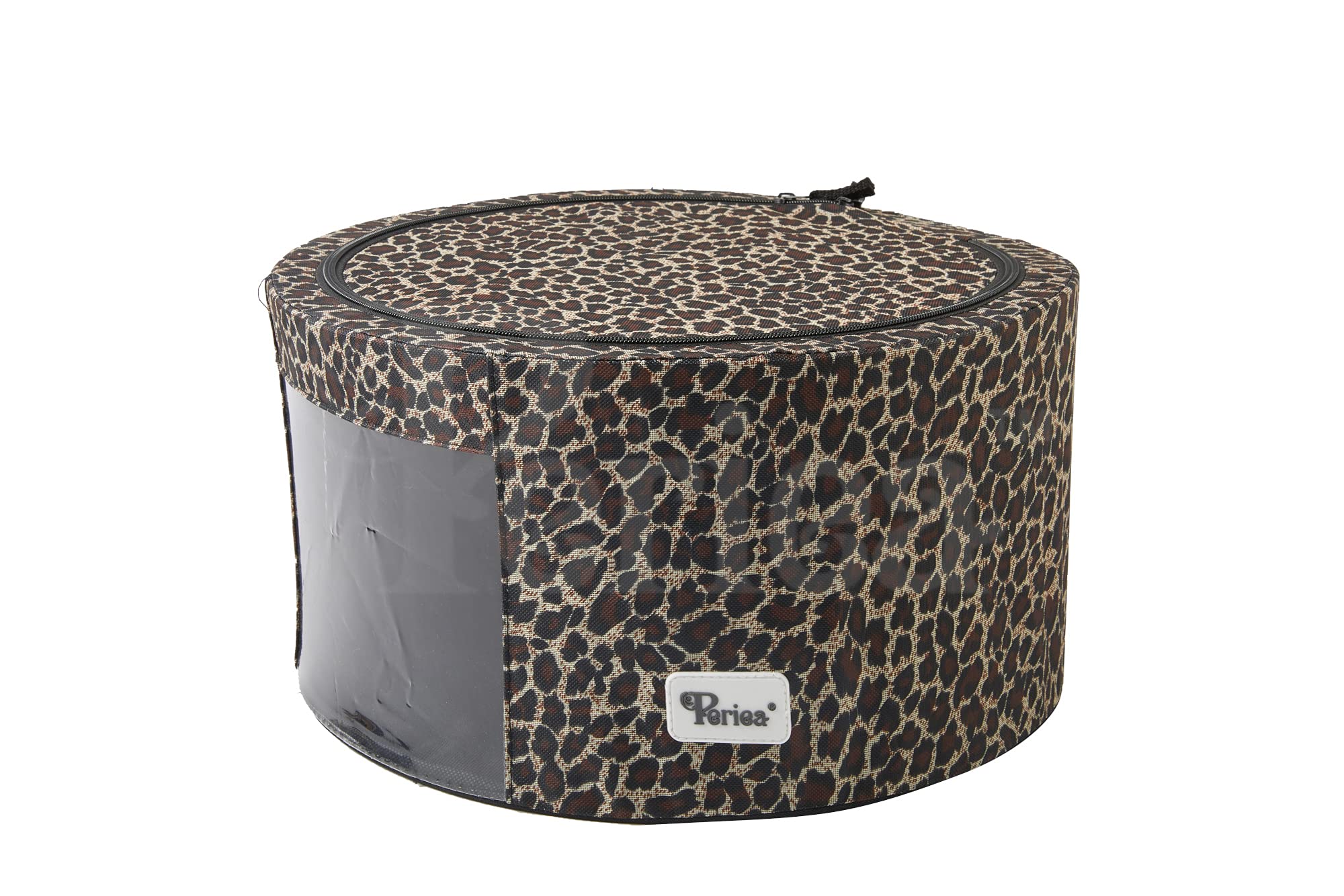 Periea 'Abby' Round Home Storage Boxes with Zip Lids, Front Window & Folding Steel Frame (Gold Leopard, Medium)