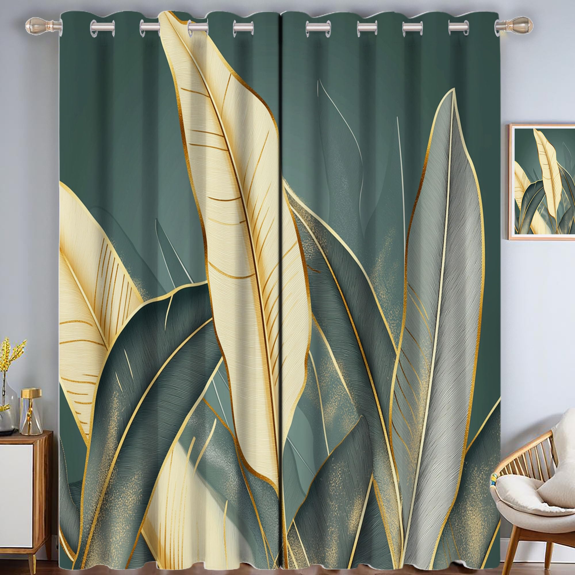 Rideaux Occultants Imprimés Ligne Art en Tissu Lourd Motif Feuille de Bananier