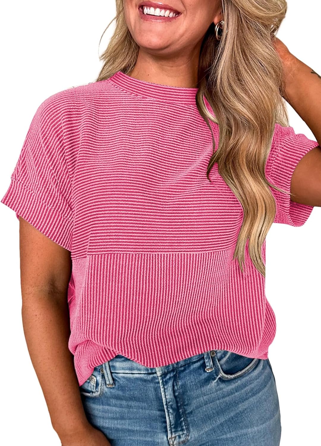 EVALESS Short Sleeve Shirts for Women Casual Spring Summer Tops Ribbed Knit Striped Womens Tops Crewneck Loose Fit T Shirts