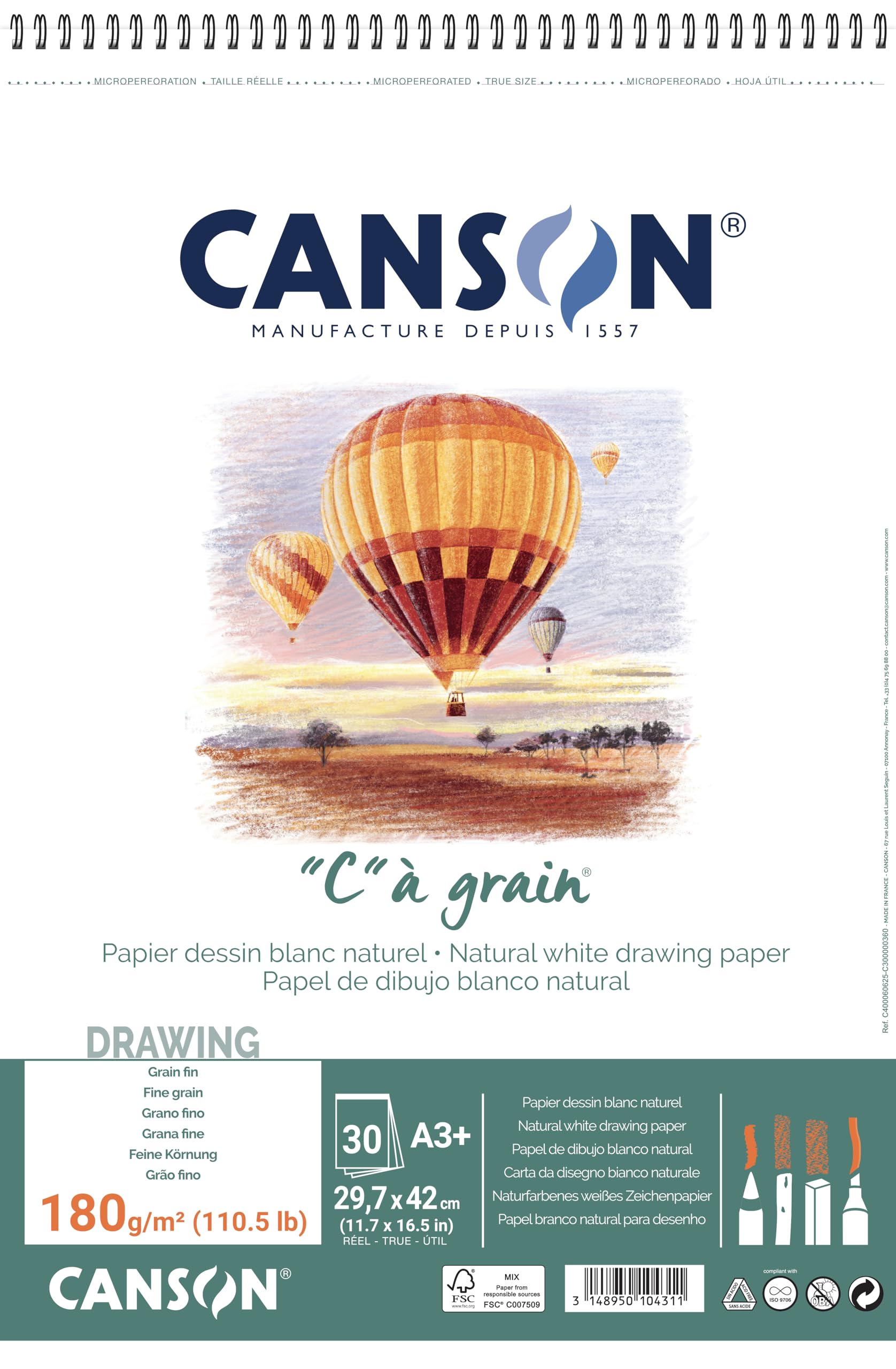 Canson ''C'' à grain, Papel de dibujo blanco, Grano fino, 180gsm, Espiralados sobre el lado corto, A3-29,7x42cm, Blanco natural, 30 Hojas