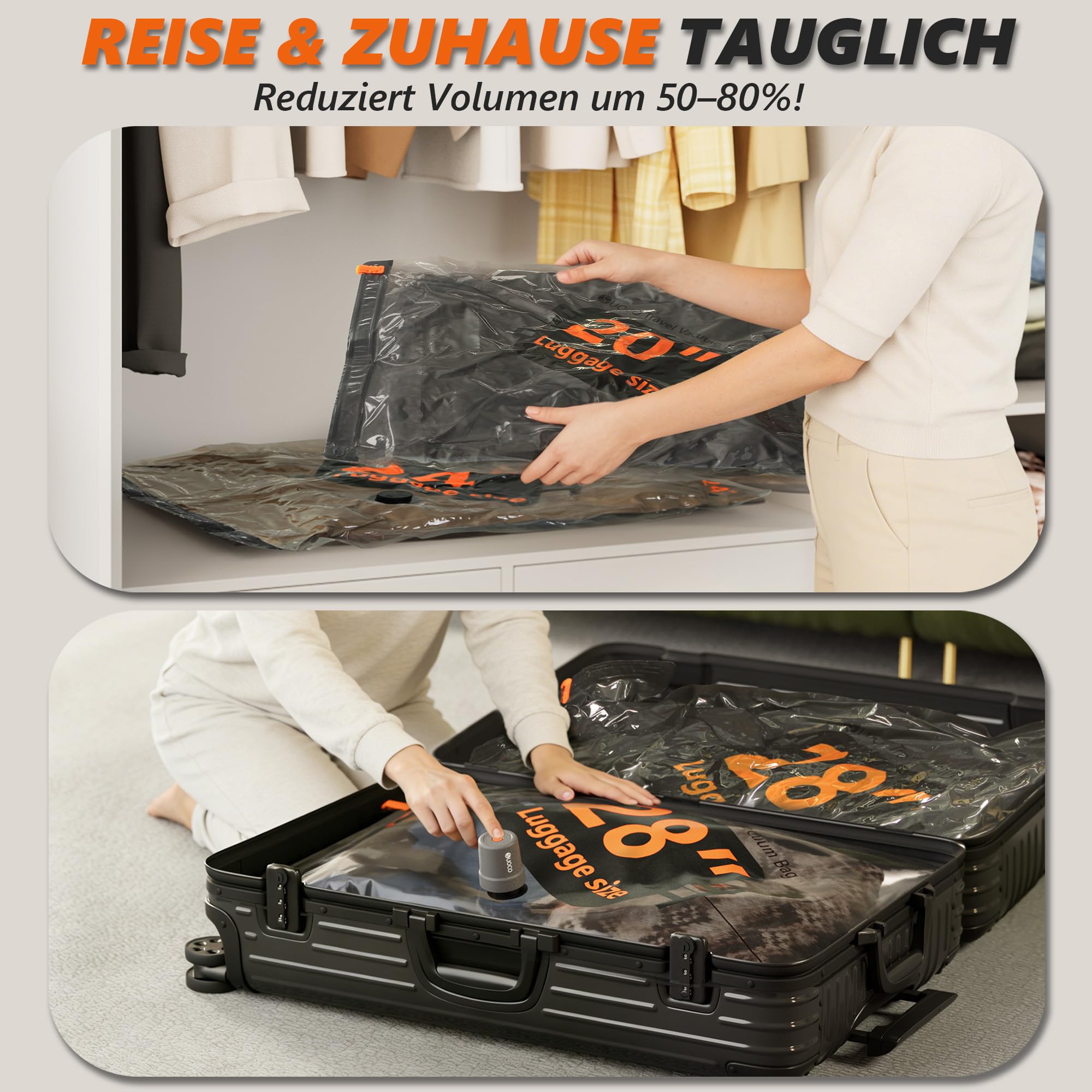SUOCO 24 Stück Vakuumbeutel für Kleidung mit kabelloser Vakuumpumpe, platzsparend Vakuumierbeutel für Kleider, Vacuum Storage Bags, Koffer Organizer, geeignet für Reisen und Zuhause