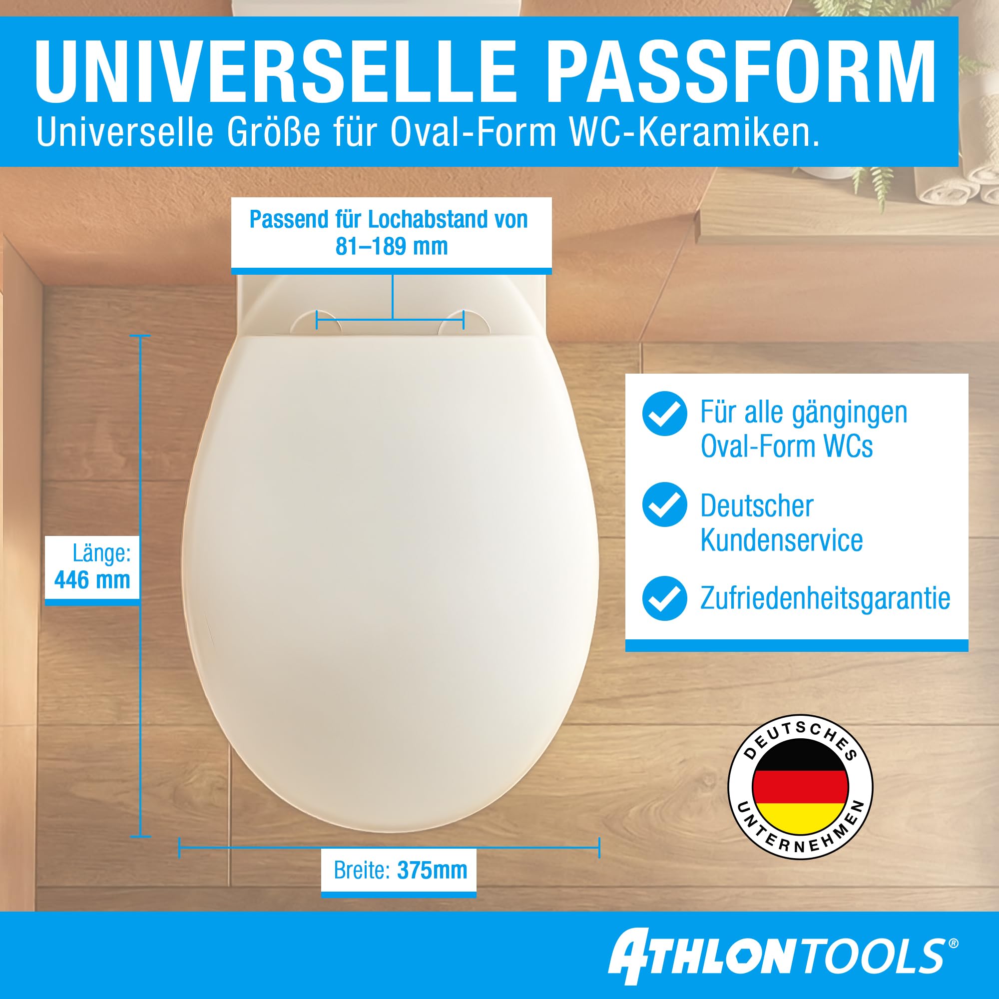 ATHLON TOOLS Toilettendeckel mit Absenkautomatik O-Form – Duroplast WC Sitz, Soft-Close & Quick-Release – Antibakterielle, kratzfeste & UV-beständige Klobrille inkl. Installationsschablone