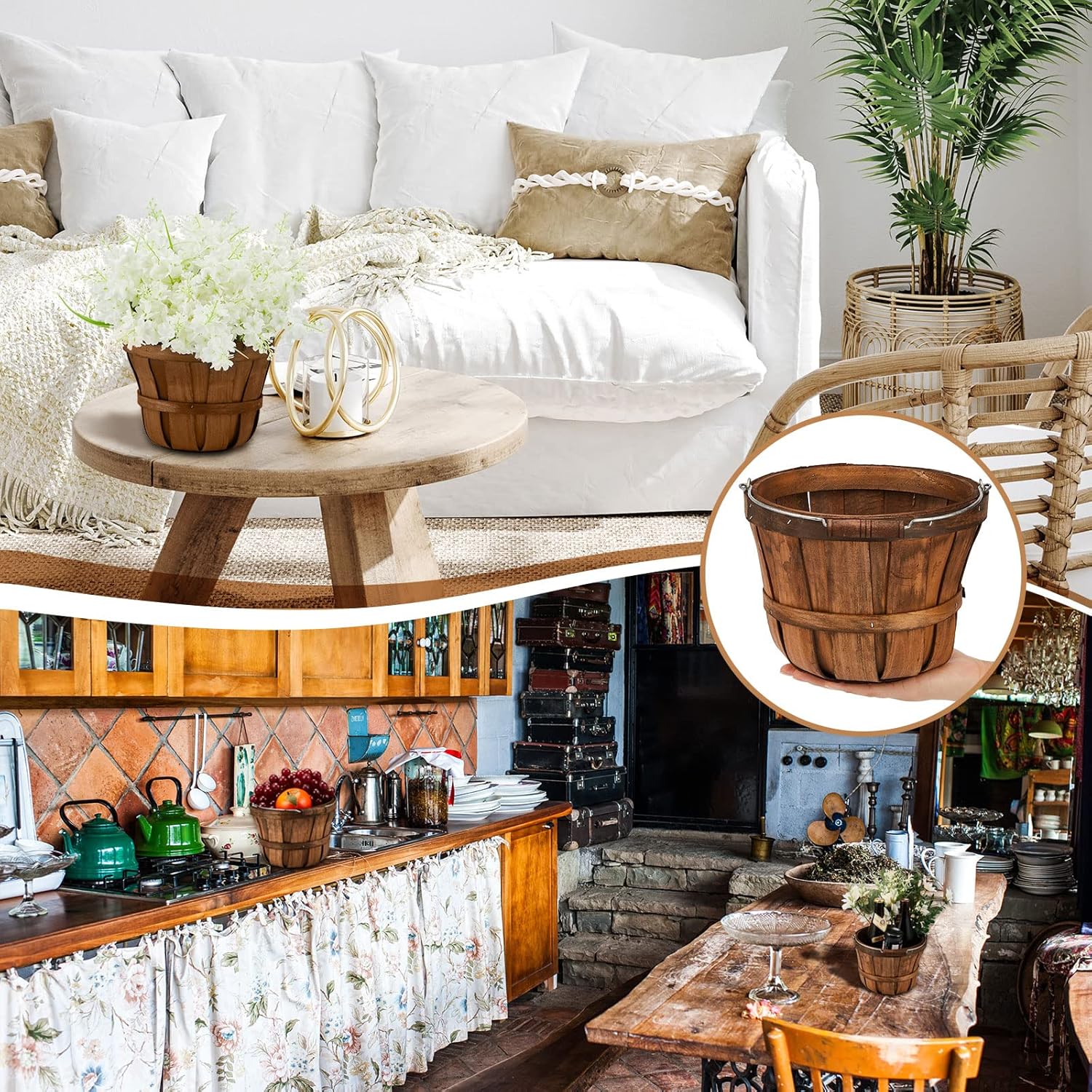 Marsui 6 Pcs Round Wooden Apple Baskets Small Bushel with Handles for Gifts Empty Basket Fruit Buckets for Garden Picking Strawberry Fruits Flowers Crafts Easter Home Wedding (Dark Brown)