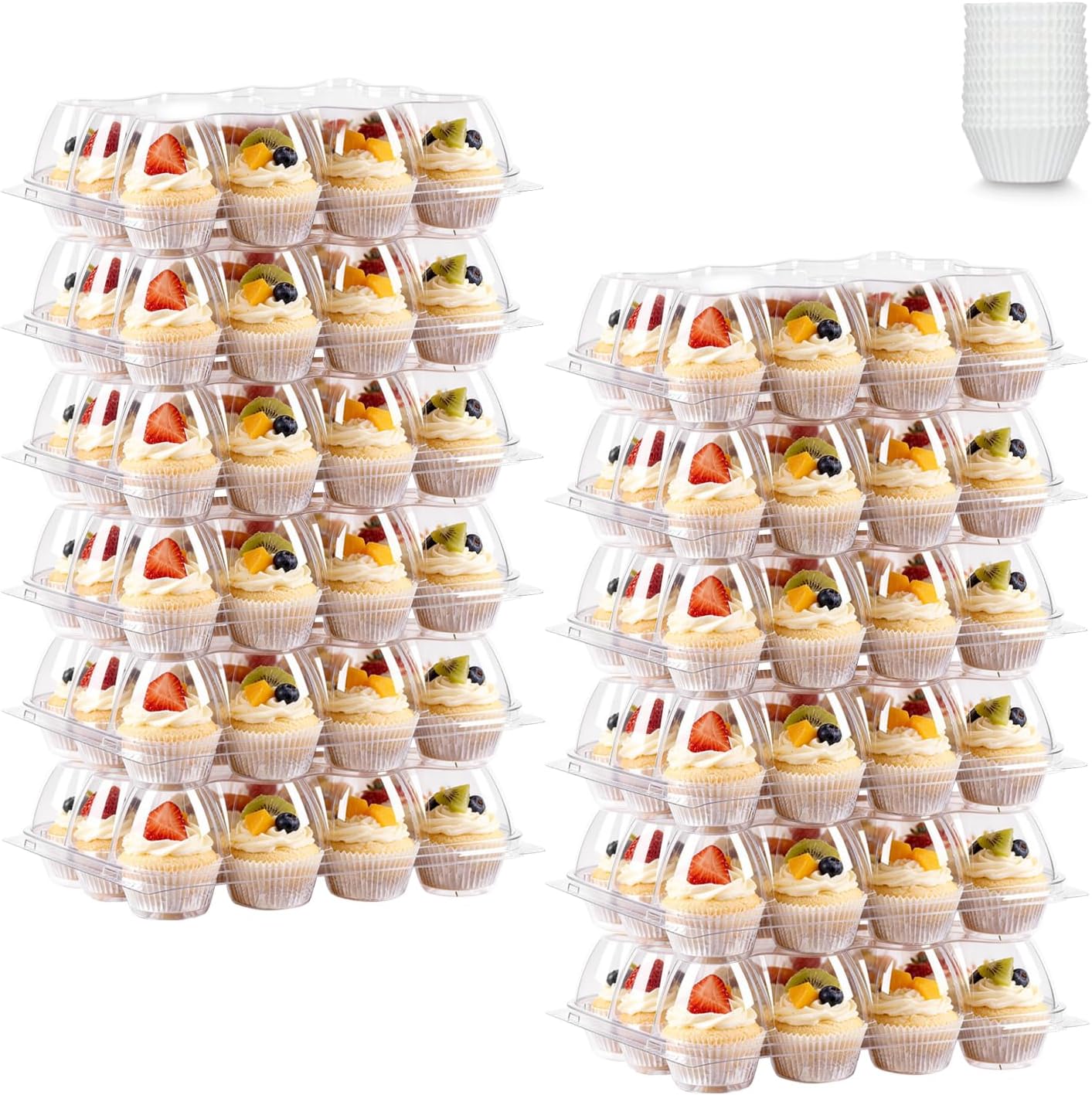 Dayacoco 12 Count Cupcake Containers, 20 Pack Stackable Cupcake Carrier with 250 Pack Cupcake Liners, Plastic Cupcake Boxes Holders, Clear Cupcake Disposable Trays for Baking, Parties, Gifting