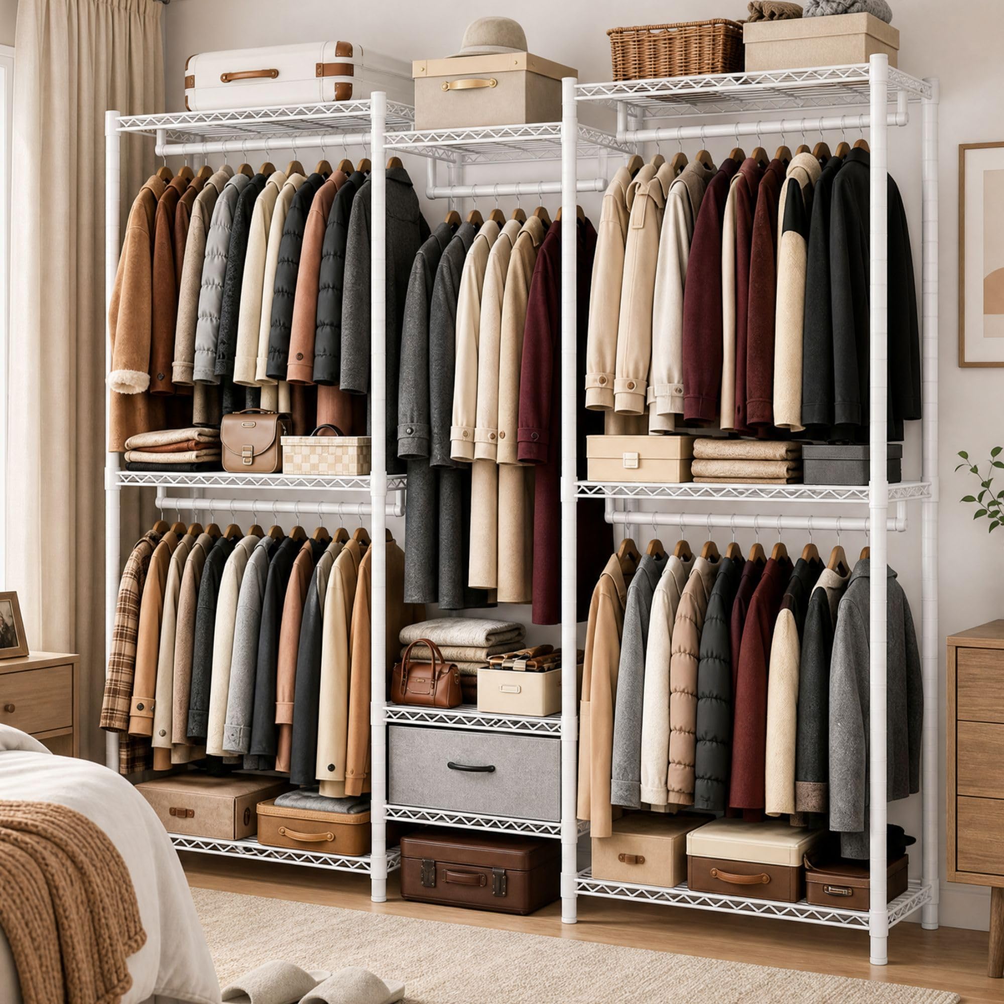 Burro ropa resistente, Armarios dormitorio metálico con 8 estantes regulables en altura, 5 barras para ropa y 1 cajón, 550 KG de carga, Perchero burro ropa, 189x45x194,5 cm, Blanco
