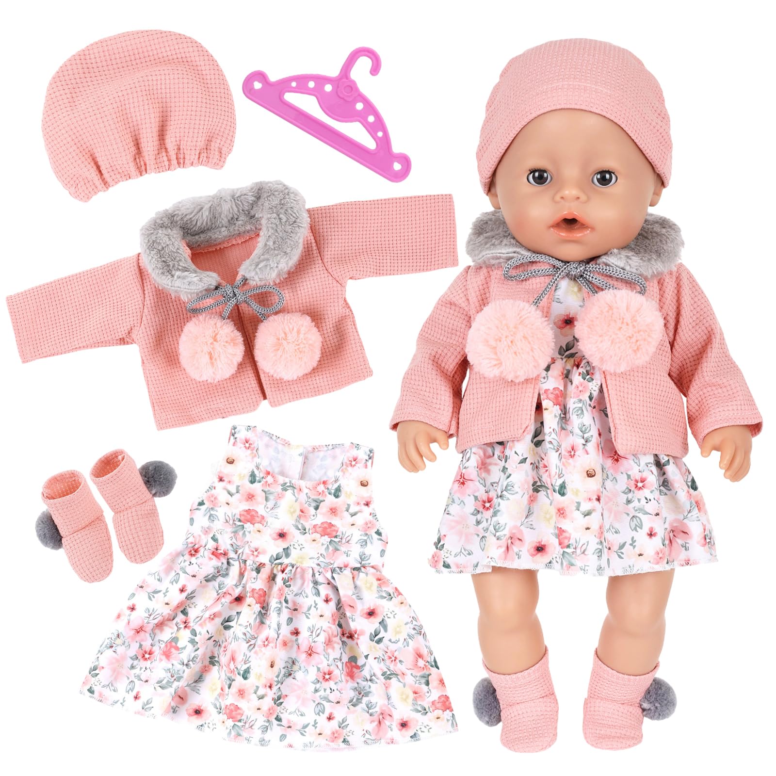 Sweet Baby Doll Clothes New Dress Coat Socks Hat Sets for 14-18 Inch Doll, Pink Baby Doll Outfits Accessories Compatible with New Born Baby Dolls Annabelle Doll 30-45cm Doll Clothes for Kids Birthday