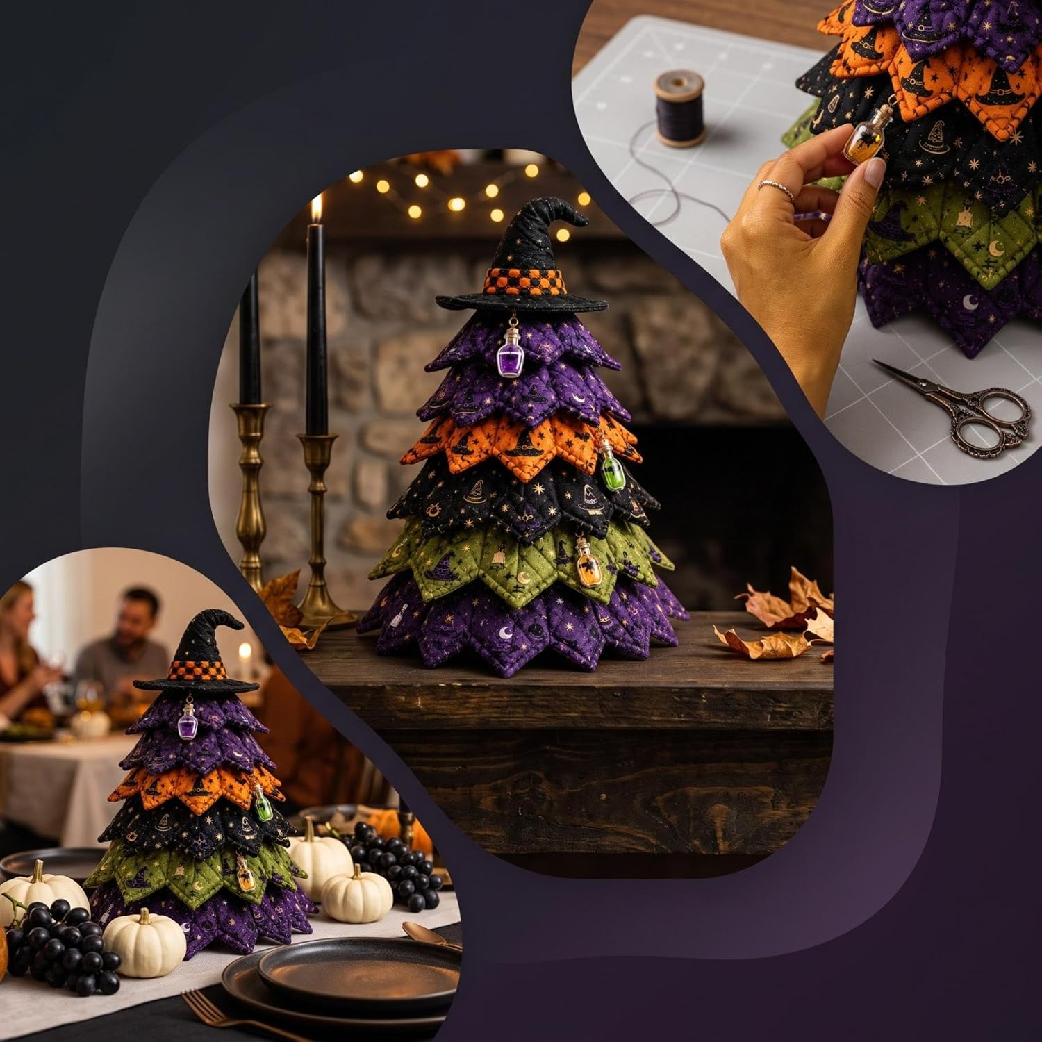 DIY Halloween Quilted Fabric Tree Sewing Kit, Padded Layered Fabric Tree Craft Set for Adults Beginners, Handmade Tabletop Ornament for Mantel Shelf Entryway Halloween Indoor Layout Decor，E