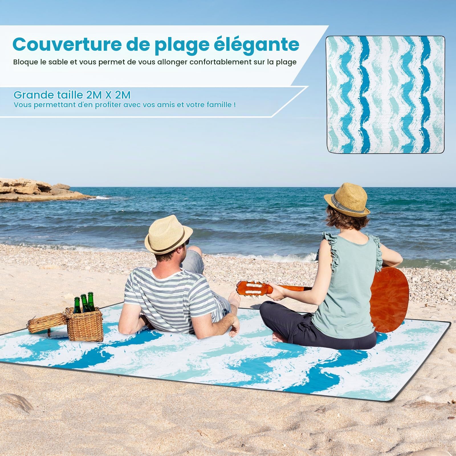 KOMFOTTEU Ensemble Plage, 2 Fauteils, 1 Tapis, 1 Parasol de φ 175cm, Bleu | Set de 4 Chaise Pliable, Charge 150KG, Parasol Inclinable Réglable à 30° avec Sac de Rangement, Tapis de Plage