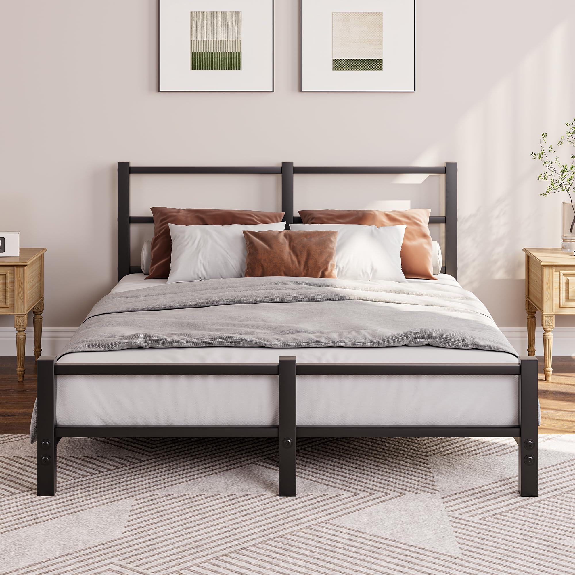 HAHRIR 16cm Low Profile Double Bed Frame with Headboard, 4ft6 Metal Sturdy Steel Slat Support, Noise-Free 135x190cm Platform Mattress Base, No Box Spring Needed, Black