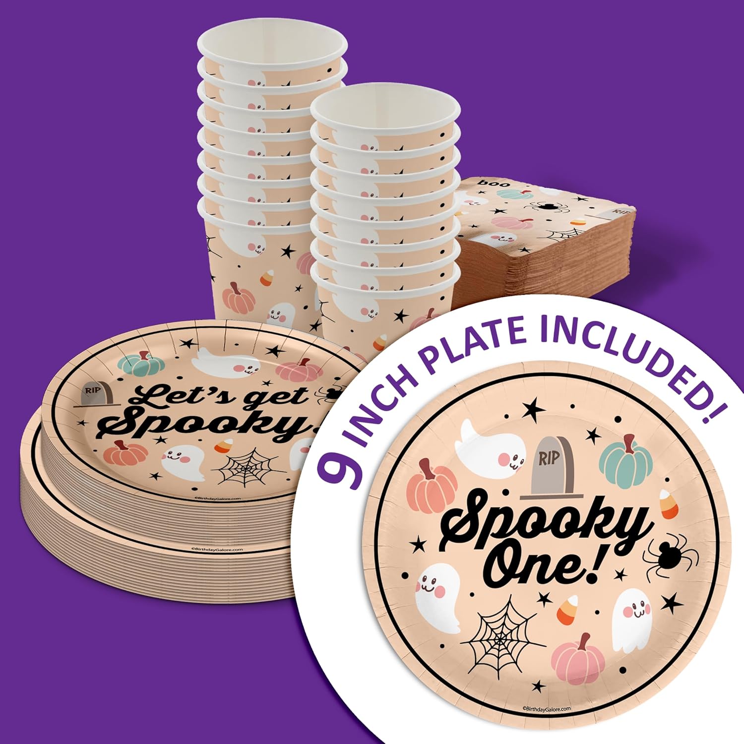 Spooky One 1st Birthday Party Supplies - 64 Piece Halloween First Birthday Tableware Set Includes Large 9" Dinner Plates and 8" Dessert Paper Plates Napkins Cups - Kit for 16 - Image 3