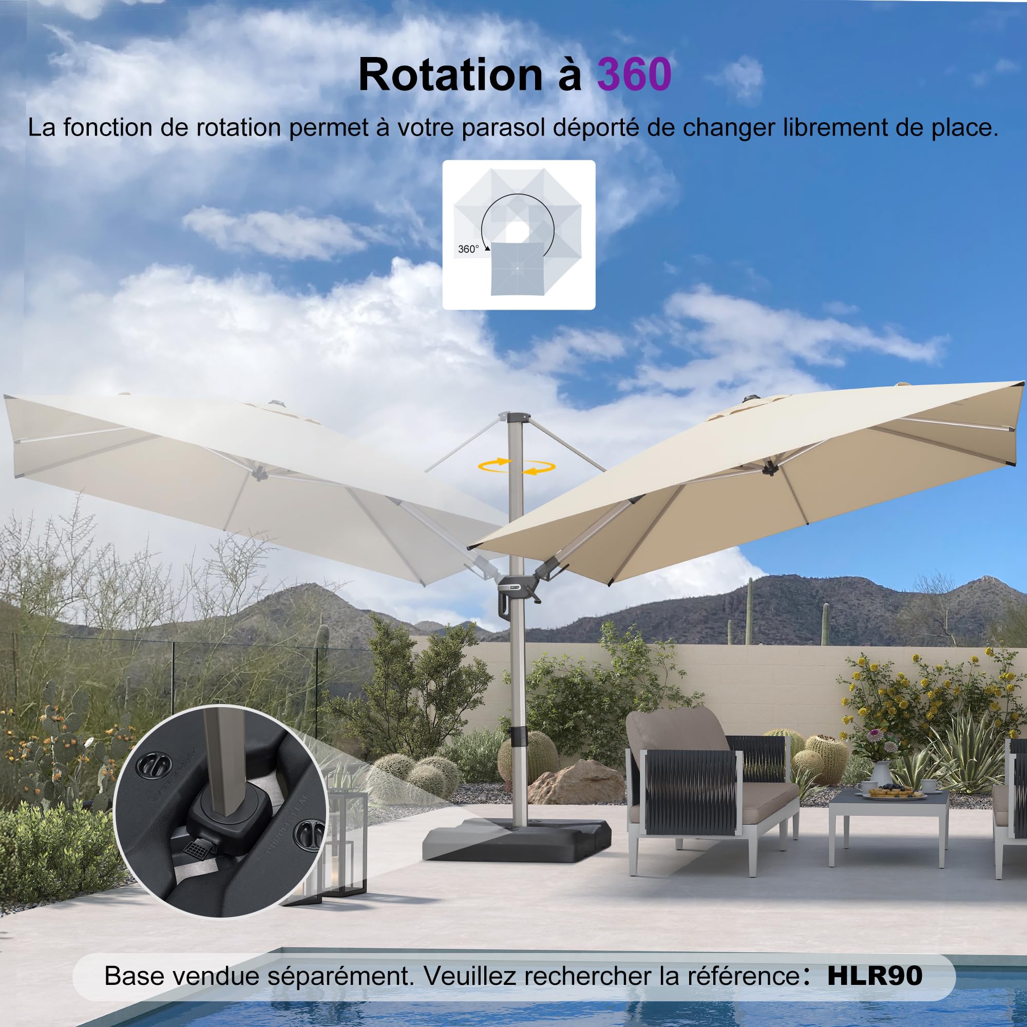PURPLE LEAF Parasol Déporté 3 x 3 m Carré, Inclinaison Bilatérale et Rotation à 360°, Parasol Résistant au Vent, 8 Baleines en Aluminium Champagne, Toile anti-UV, Pour Patio, Terrasse, Piscine, Beige