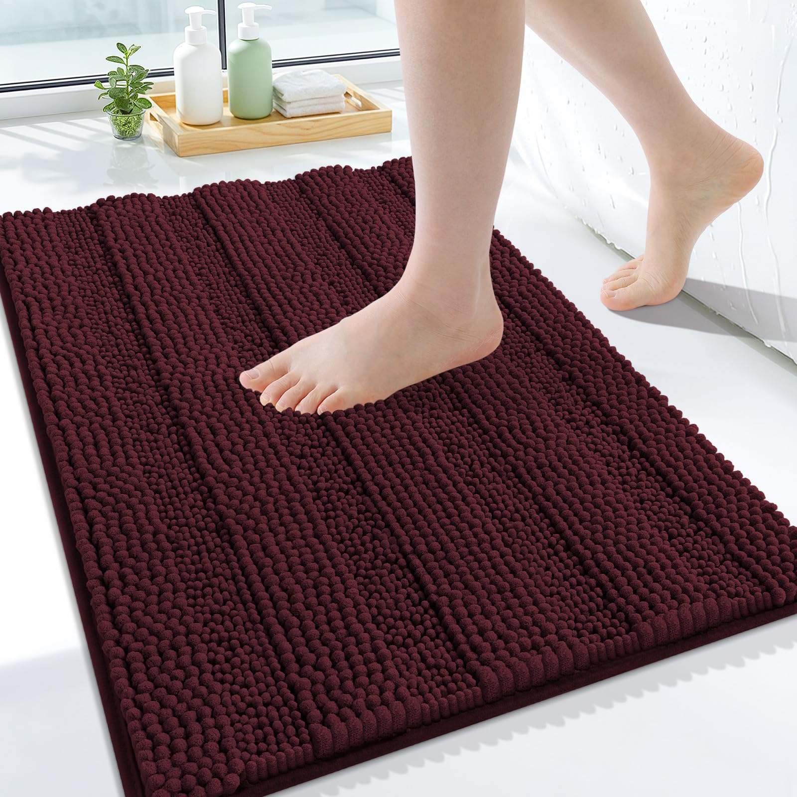 Grandaily Chenille Bathroom Rugs 24x16, Soft Bath Mats, Black Cherry