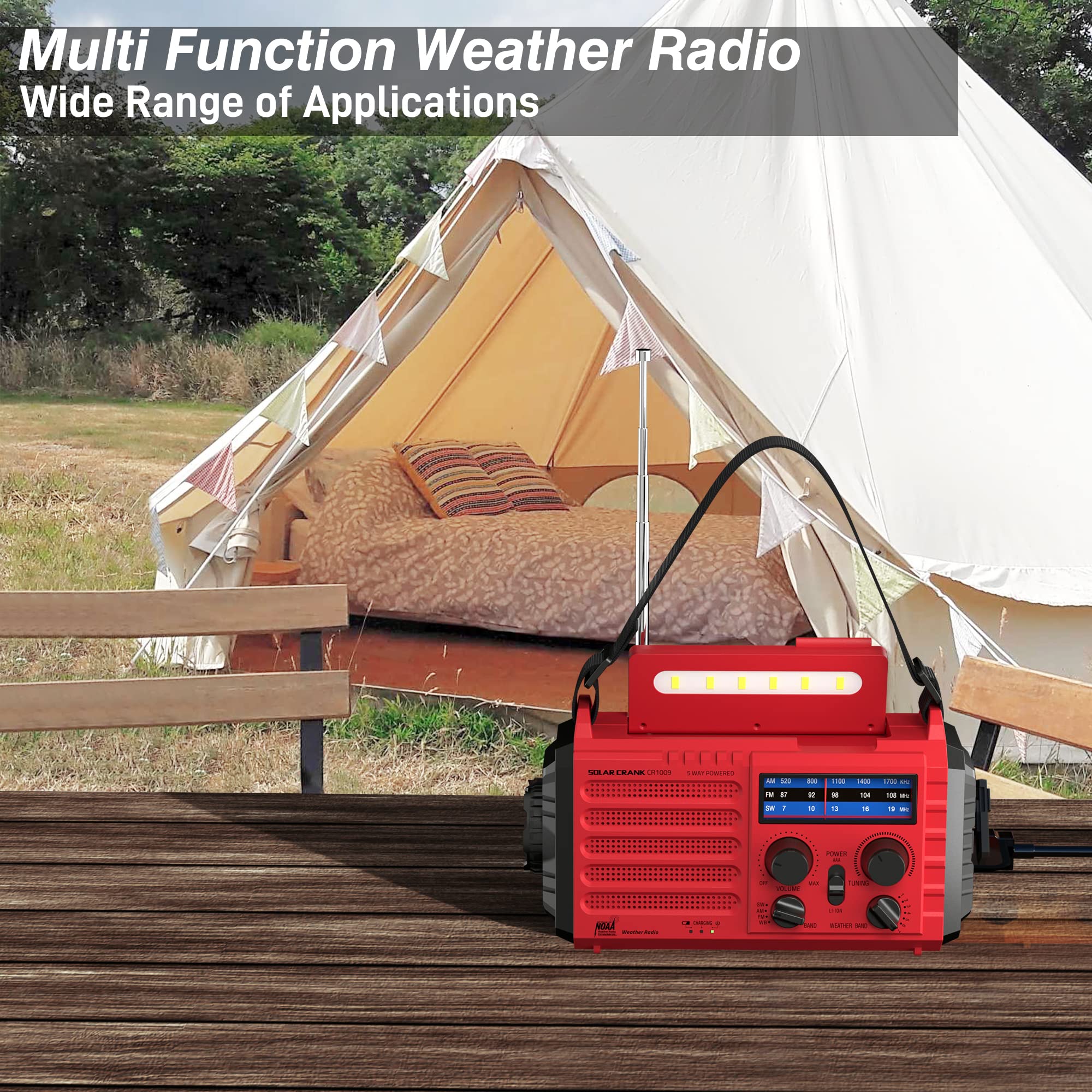 FosPower NOAA Weerradio voor noodoproepen (model A3), 2000 mAh, met draagbare powerbank oplaadbaar met zonne-energie, werkt met handmatige draaihendel en batterij, SOS-alarm, AM/FM en zaklamp voor