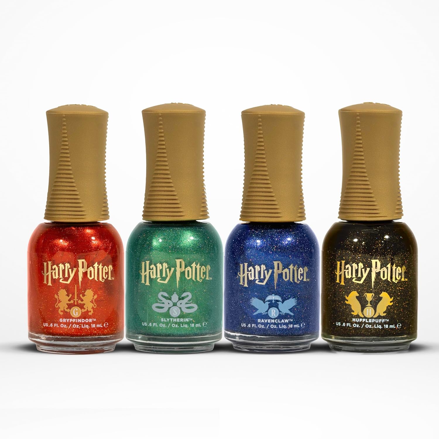 Orly x Harry Potter Prisma Nail Polishes | Enchanting Gryffindor, Ravenclaw, Slytherin & Hufflepuff House Colors | Shimmery Nail Lacquers that Glitter and Glow 0.6fl oz (Bundle)