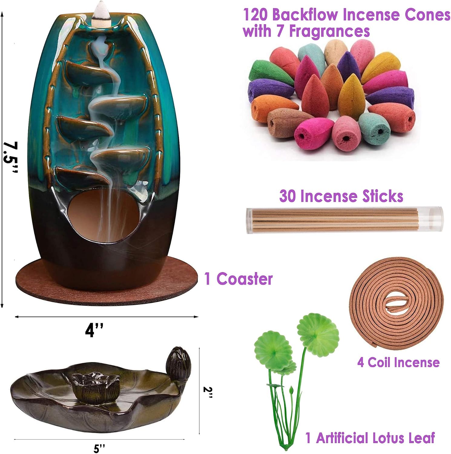 AOBBIY Ceramic Backflow Incense Holder - Aromatherapy & Home Decor, Portable Burner, Includes 120 Backflow Incense Cones & 30 Incense Sticks.