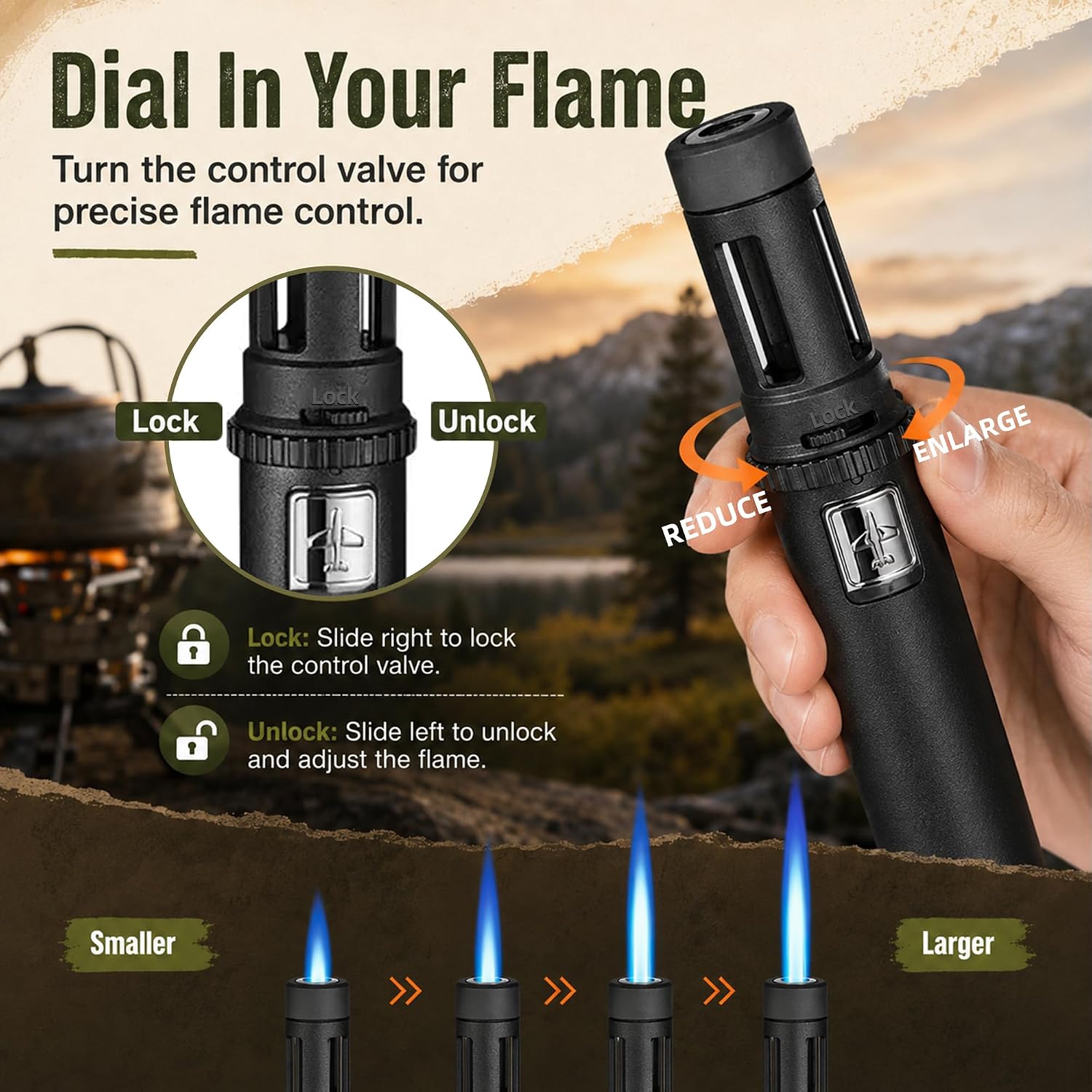 Torch Lighter, Windproof Butane Torch with Safety Lock, Refillable Jet Flame Lighter for Camping, BBQ, Kitchen, Fireplace, Outdoor Fire Starter, Adjustable Blue Flame, Zinc Alloy (Gas Excluded)