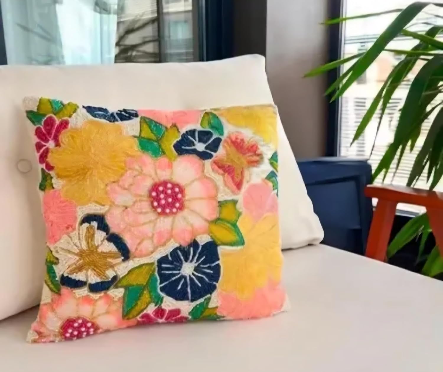 Beaded Throw Pillow Cover, Colorful Boho Flower Design, Decorative Handcrafted Cushion Cover for Sofa