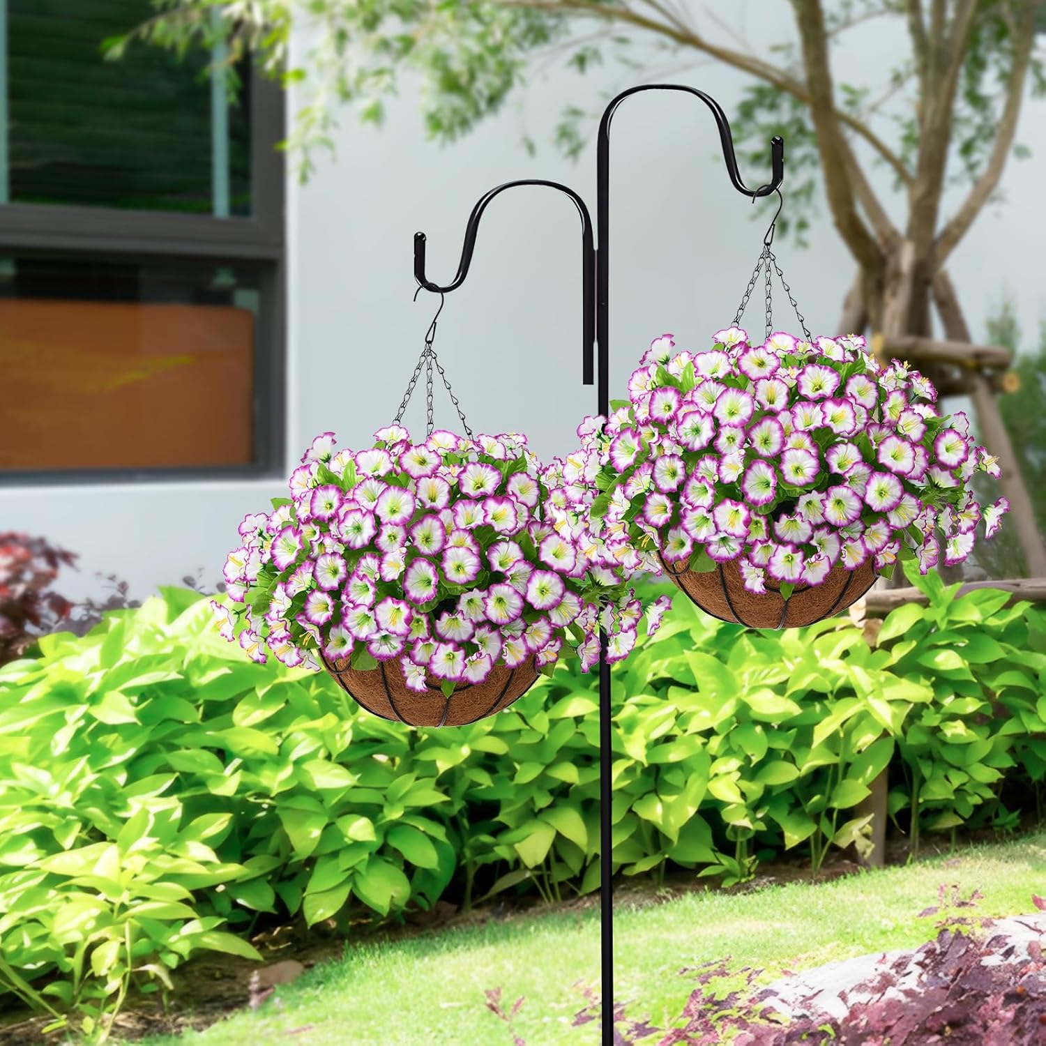 Homsunny Artificial Hanging Flowers in Basket,12 inch Silk Flower Coconut Lining Hanging Baskets,Fake Hanging Plants in for Outdoors Courtyard Decor(Light Purple) - Image 2