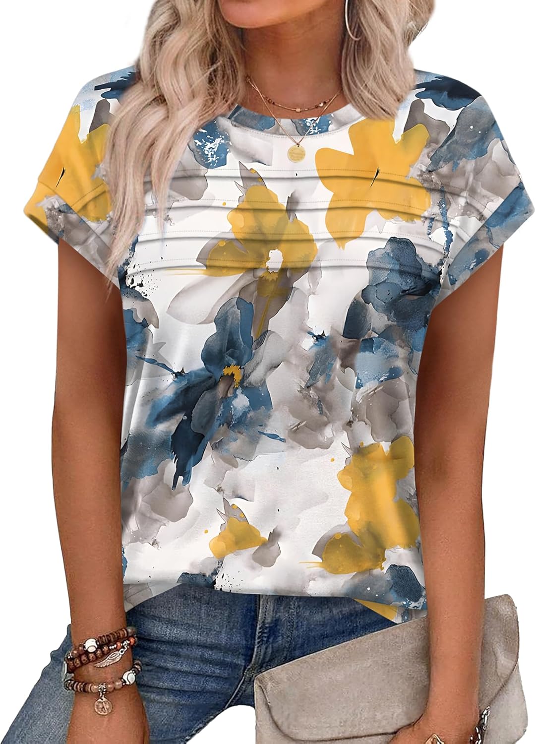 Stylish cap sleeve tees with pleated front for summer