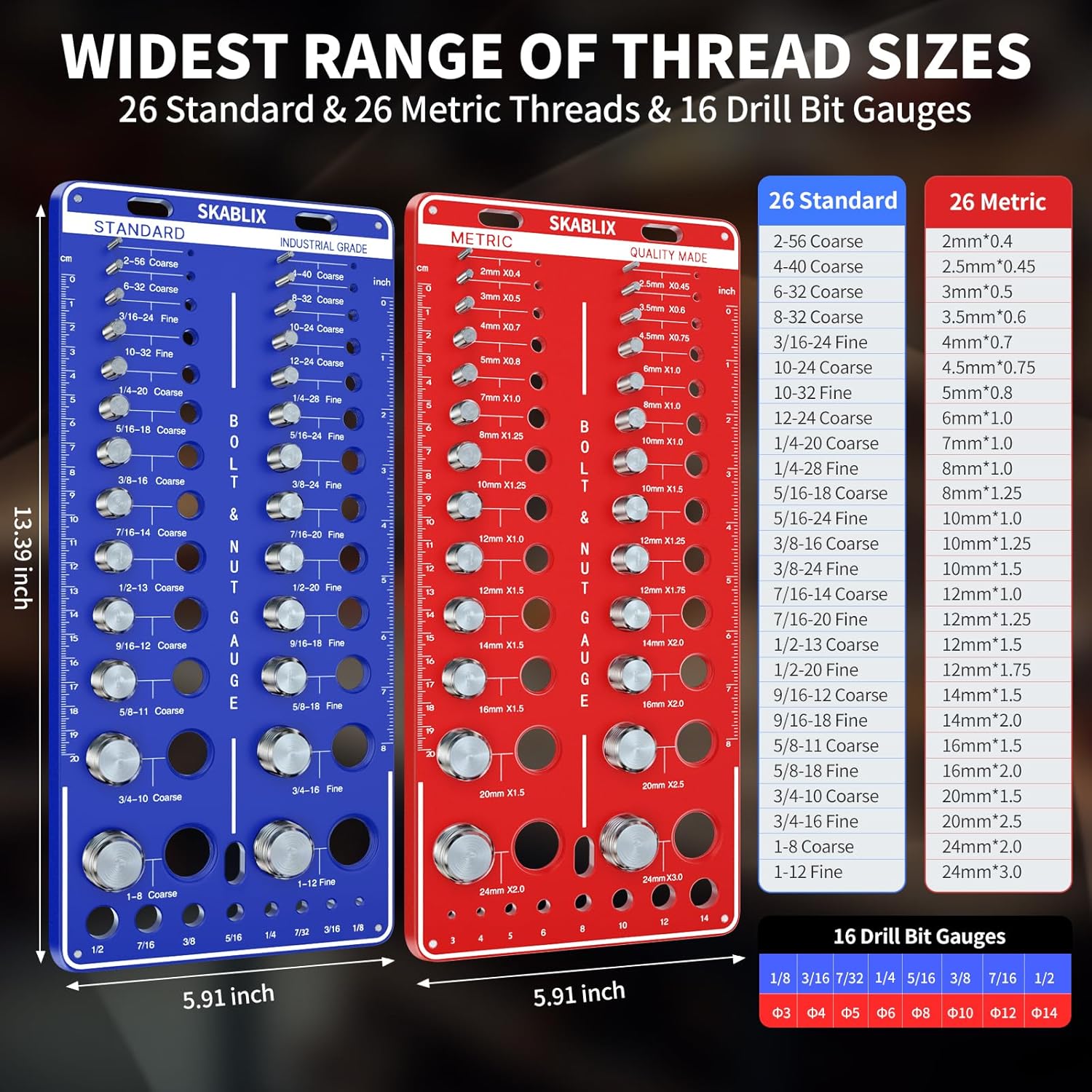 68 Nut and Bolt Thread Checker - 26 Standard and 26 Metric Bolt Checker and 16 Drill Bit Gauges, Bolt Size and Thread Gauge, Bolt Size Finder, Wall-Mountable Bolt and Nut Identifier Gauge