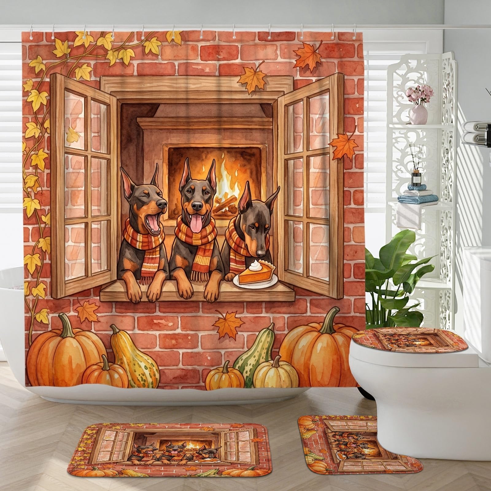 Tapis pour abattant de toilettes Doberman et rideau de douche d'automne de luxe 183 cm