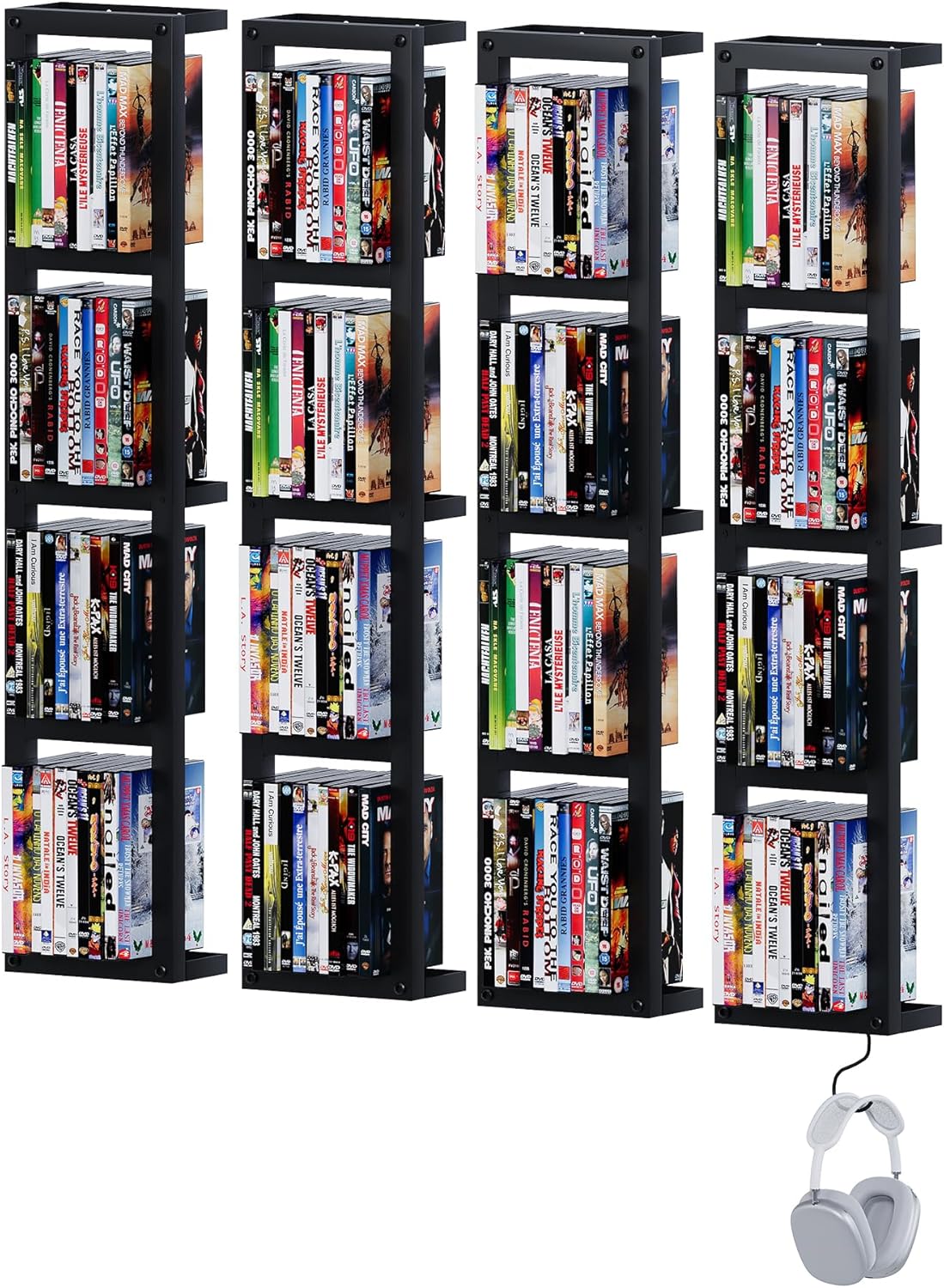 Wall-Mounted CD Storage Shelf with DIY LED Strip, Floating Media Storage Rack with Hooks, Cube Organizer for Video Games Set of 4