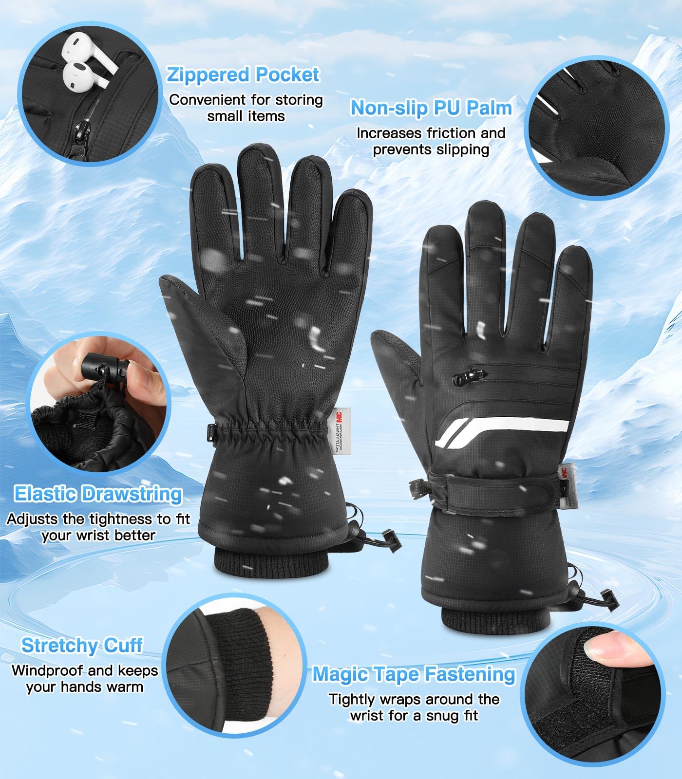 MoKo Guantes de Invierno Impermeables Hombre Mujer, Guantes Térmicos 3M Thinsulate para Clima Frío, Guantes de Esquí con Pantalla Táctil y Agarre Antideslizante para Snowboard, Ciclismo, Correr