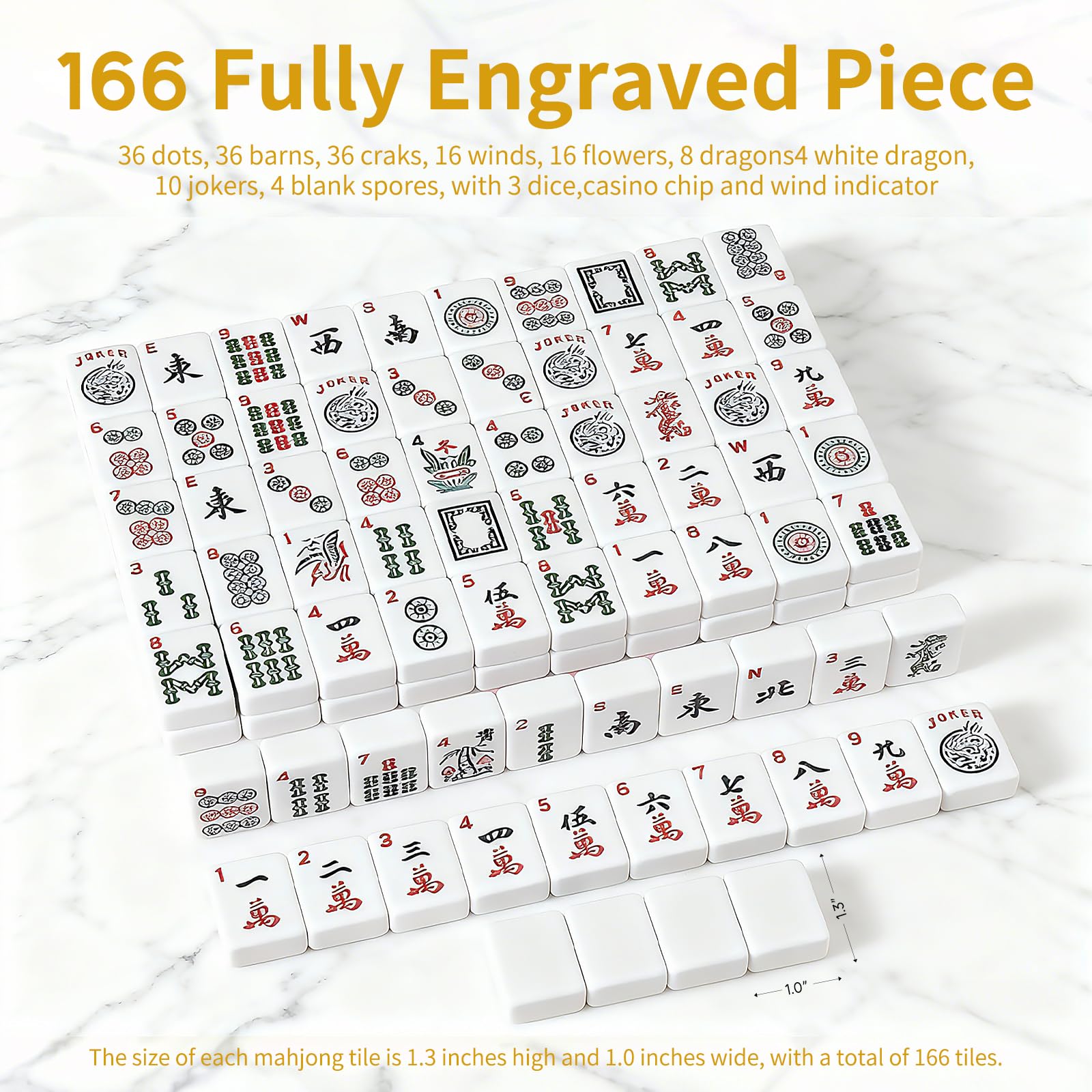 Ploomi Amerykański zestaw płytek mahjong, 166 białych płytek, 4 kolorowe stojaki i popychacze, kompletny zestaw Western Mahjong z niebieską torbą do przenoszenia dla początkujących i ekspertów