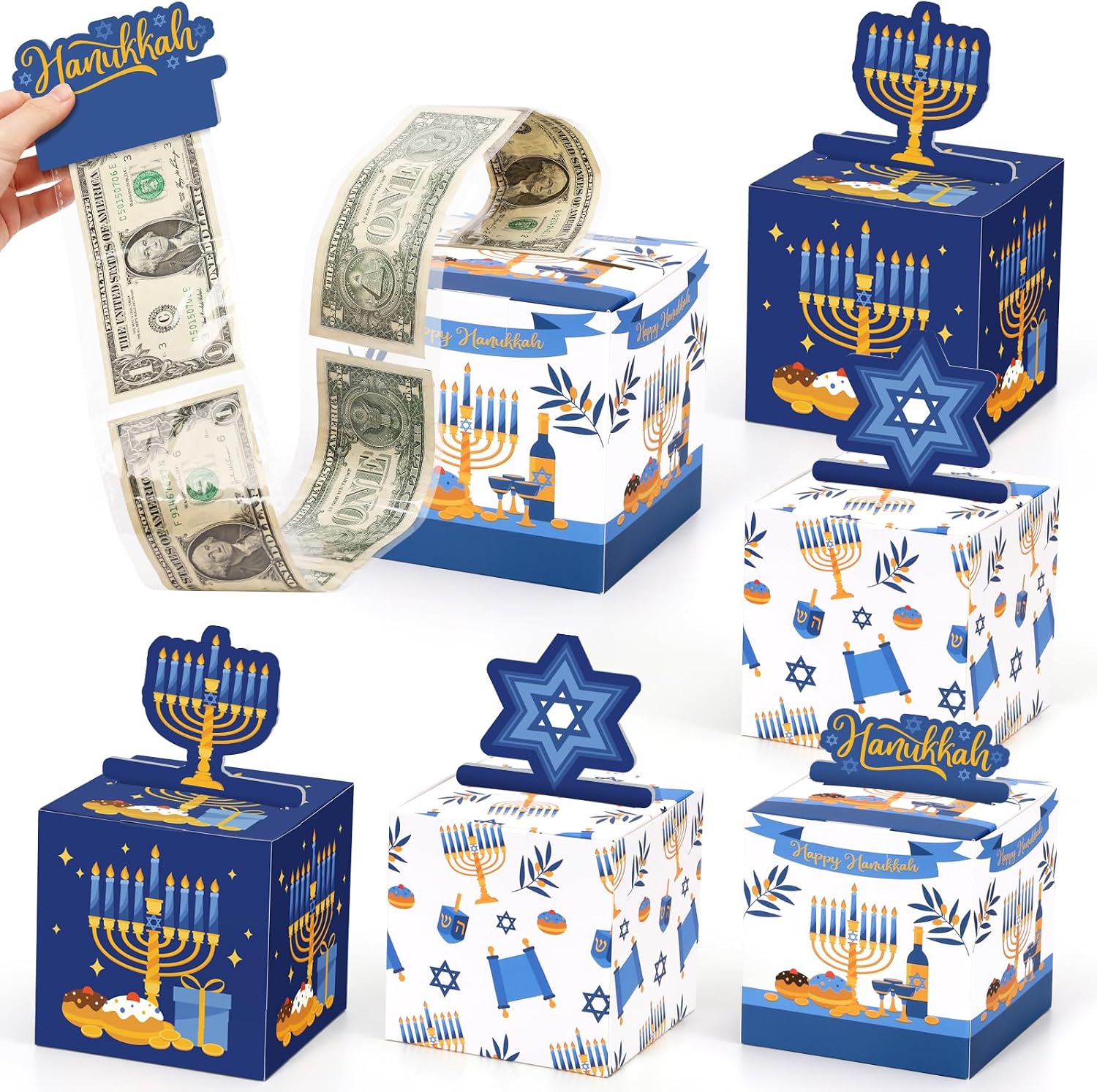 Sinasasspel Hanukkah Gift Money Box for Cash Gift Pull Chanukah Money Holders Party Candy Box for Adults Kids Happy Hanukkah Festival Birthday David of Star Money Gift Idea Party Supplies 6Pcs