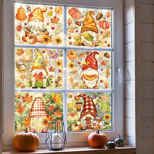 Miniatura 3 de AnyDesign 9 hojas de calcomanías de ventana de otoño de doble cara para acuarela, otoño, calabaza, hojas de arce, girasoles, calcomanías decorativas