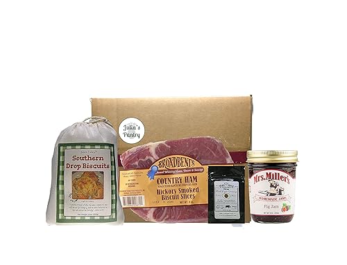 Jamón de campo curado ahumado de nogal, rebanadas de galletas de 8 onzas, galletas de suero de leche y caja de regalo de mermelada de higos