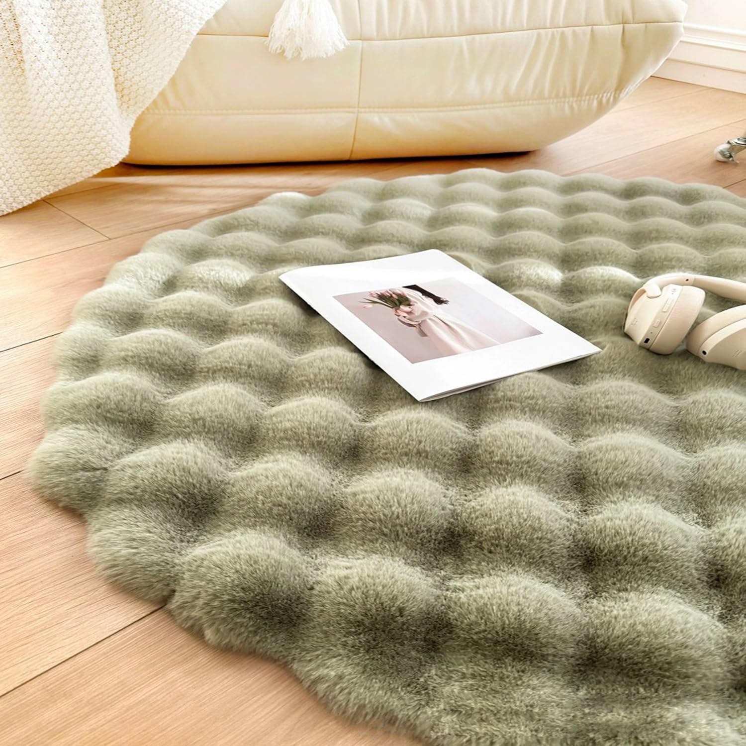 Tappeto rotondo lavabile per interni, antiscivolo, stampa grigio e verde, design sottile, perfetto per soggiorno camera da letto, diametro 180 cm