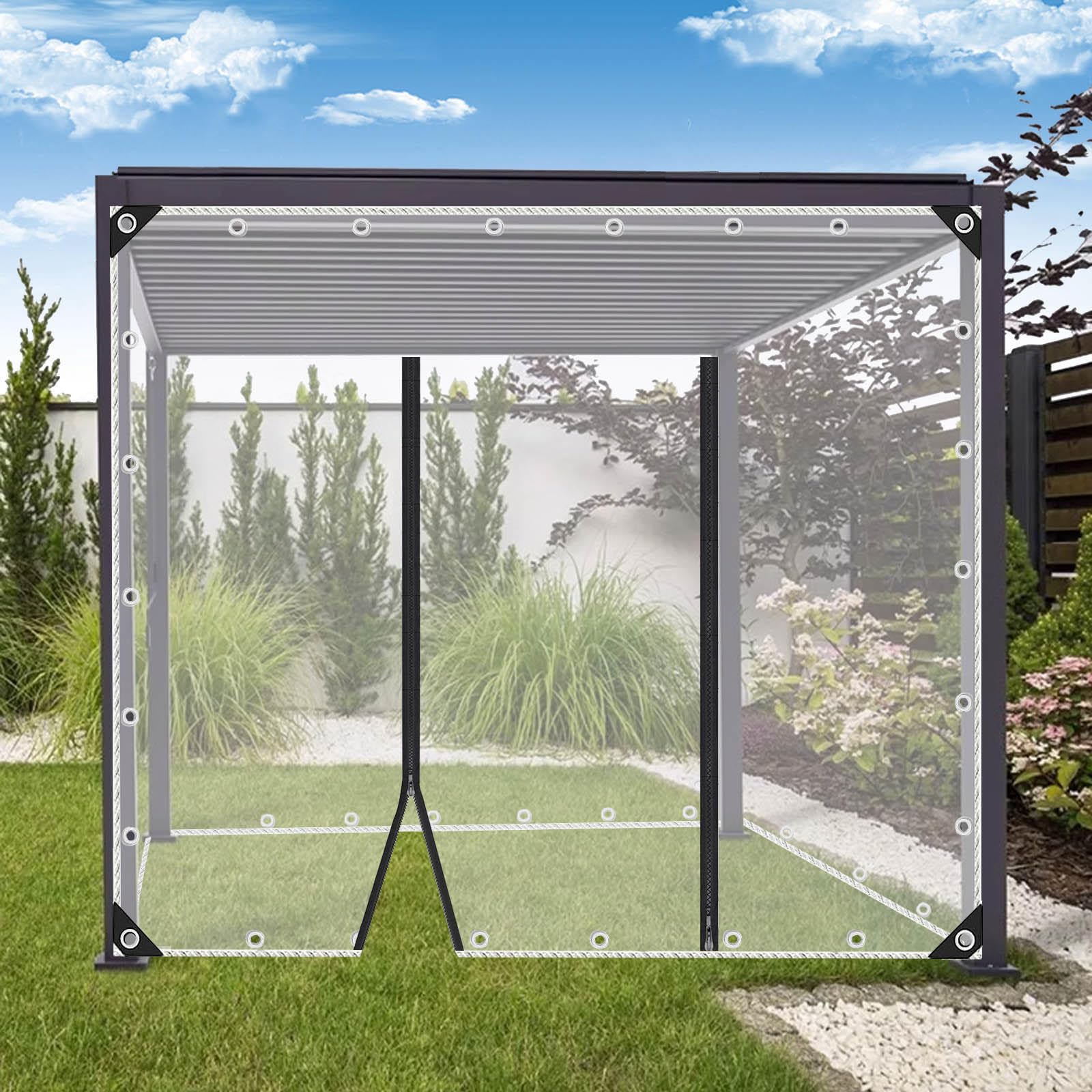 KGUDYS Clear Waterproof Tarp with Zip Door,0.35mm Pvc Plastic Tarpaulin,1m,1.2m,1.5m,1.6m,1.8m,2m,2.5m,3m Tarp to Cover Sun and Rain,Gazebo Porch Deck Waterproof Tarp Side Panels,WxH-6x3m/19.7x9.8t