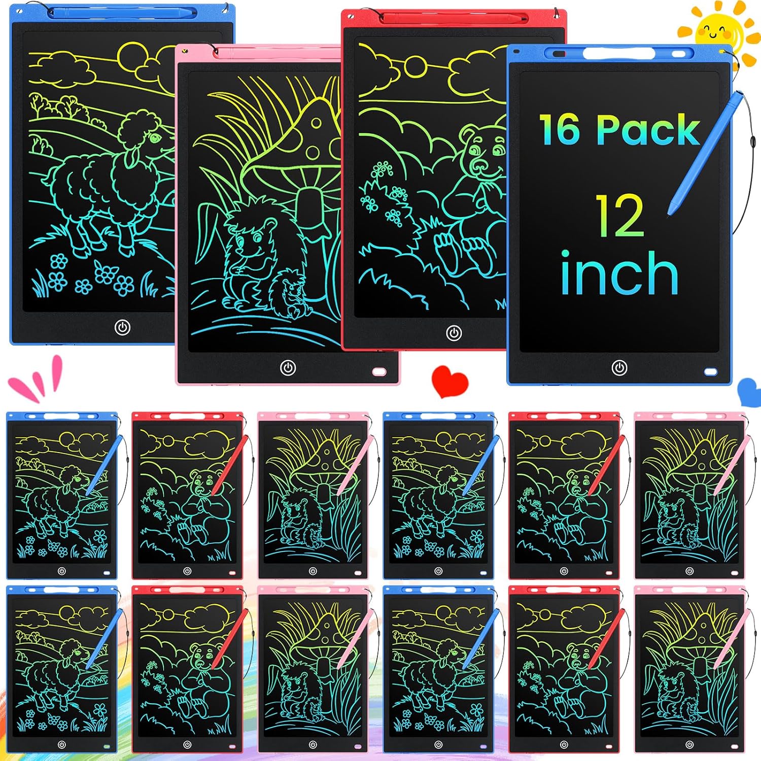 16 Pcs LCD Writing Tablet for Kids 12 Inch Doodle Board Bulk Colorful Erasable Drawing Tablet Writing Pad Reusable Electronic Toys Gifts for Girls Boys 8-10 3-10, Blue, Red, Pink