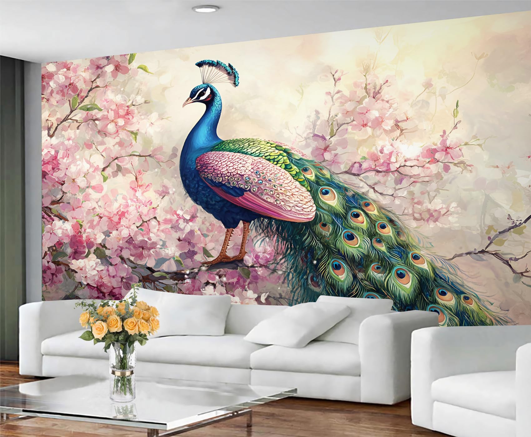 Grande peinture murale orientale romantique avec fleurs de cerisier