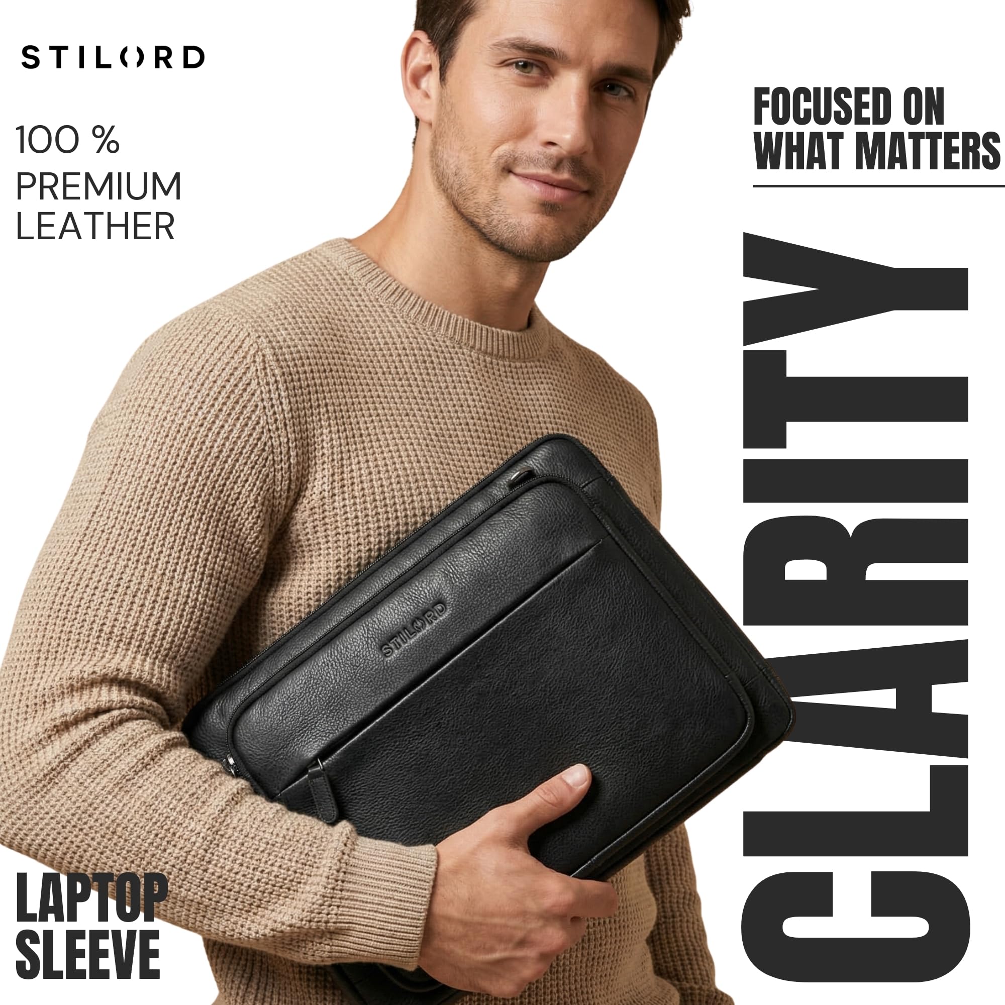 STILORD Clarity Funda para Portátil 15-16 Pulgadas Cuero Maletín Delgado Acolchado Correa Extraíble Bolsa Laptop Piel Negro