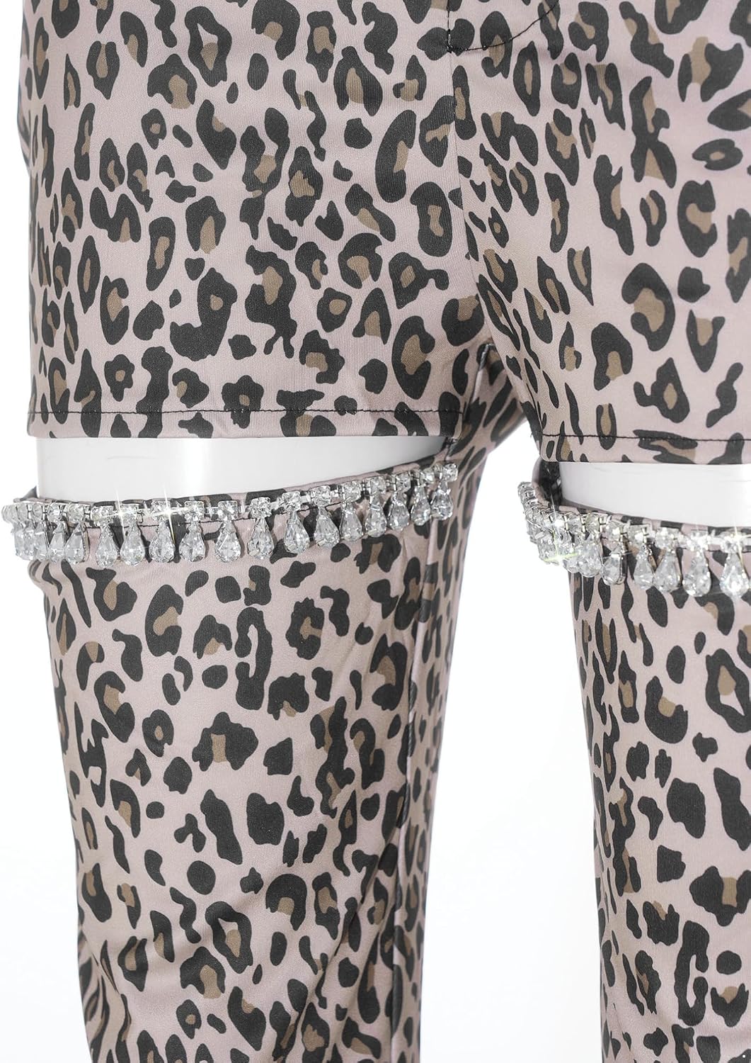 FEESHOW Women's Leopard Straight Leg Pants Rhinestone Cut Out Baggy Trousers for Night Out Party Streetwear