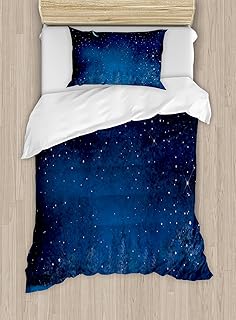 Ambesonne Moon Duvet Cover Set, Mystical Winter Season Wonderland Starry Sky Night Forest Landscape Scenery Print, Decorative 2 Piece Bedding Set with 1 Pillow Sham, Twin Size, Night Blue
