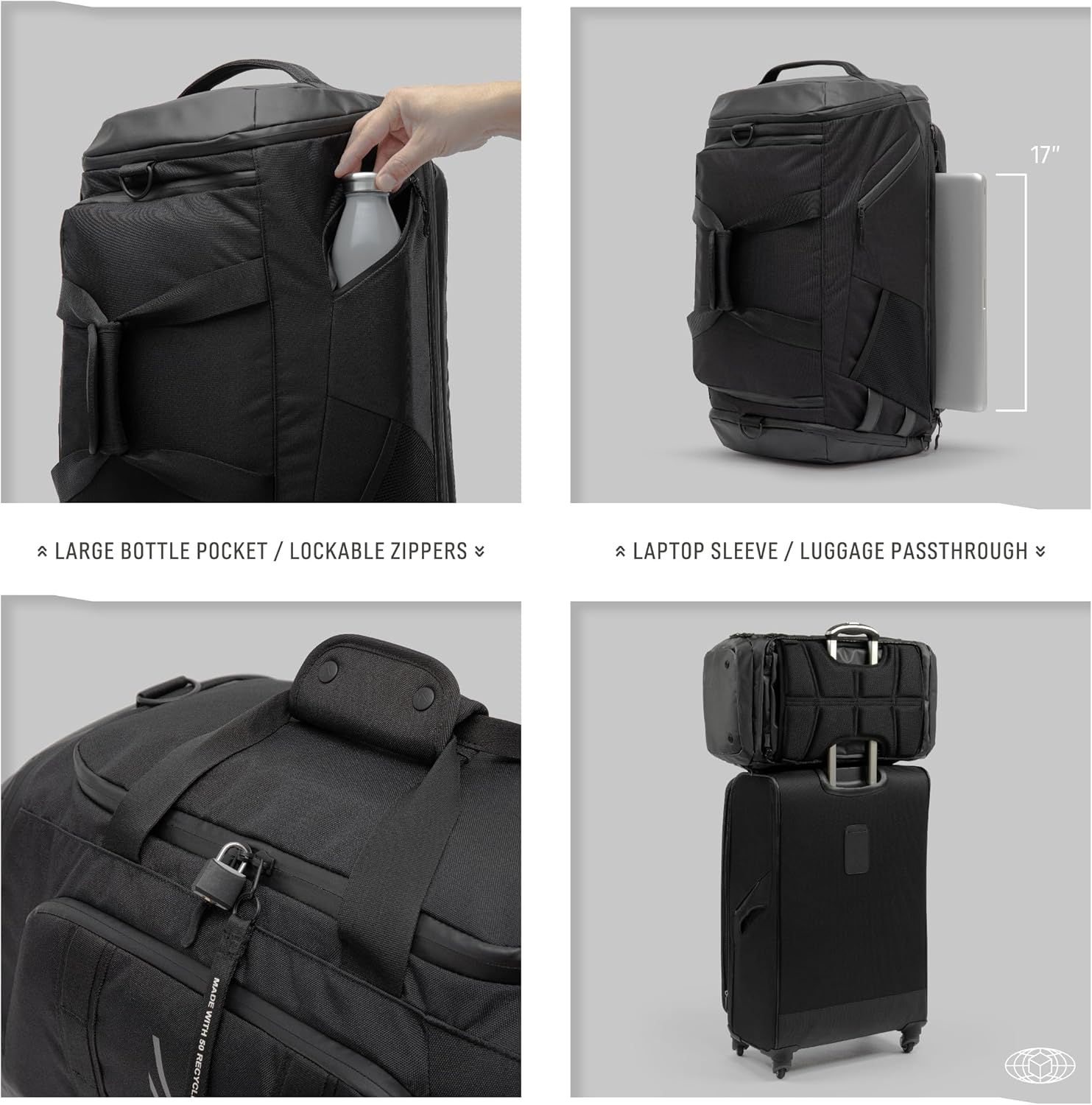 MONARC 40L Duffel Backpack, Recycled Materials, Carry-on with Shoe Compartment, 17” Laptop Sleeve, Water Resistant, Lockable Zippers, Gym Bag