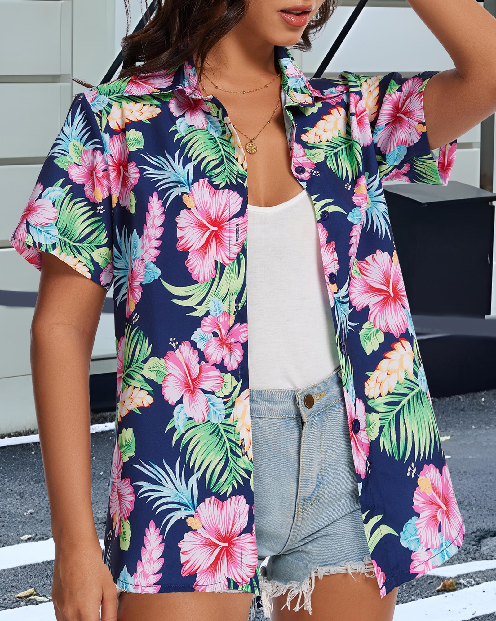 Gosunny Hawaii Hemd Damen Sommer Tropical Hawaiihemd Floral Kurzarm Strand Blusen mit Knöpfe