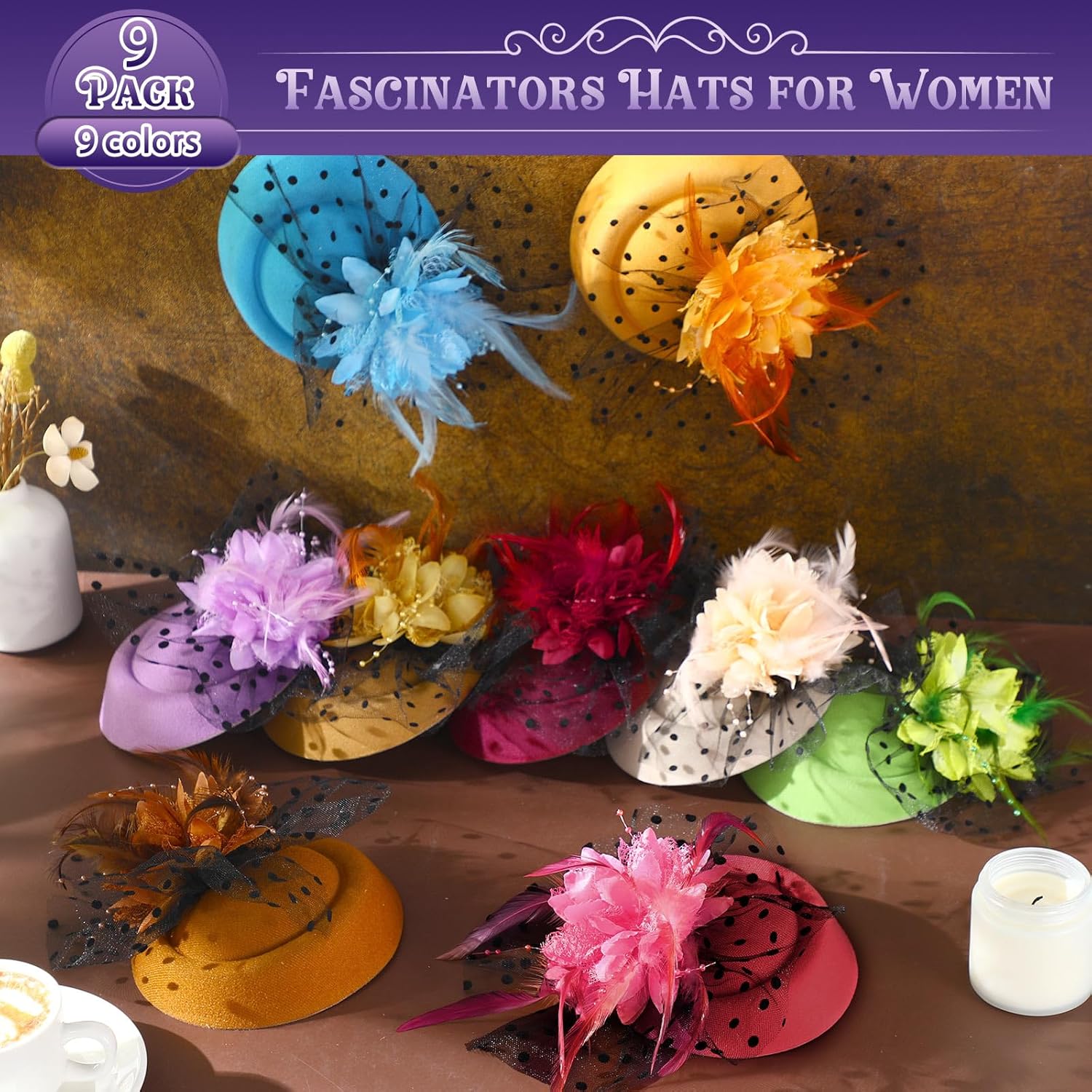 Jeyiour 9 Pcs Fascinators Hats Tea Party Feather Pillbox Hat with Clips for Women Halloween Veil Flower Hat, 9 Colors - Image 3