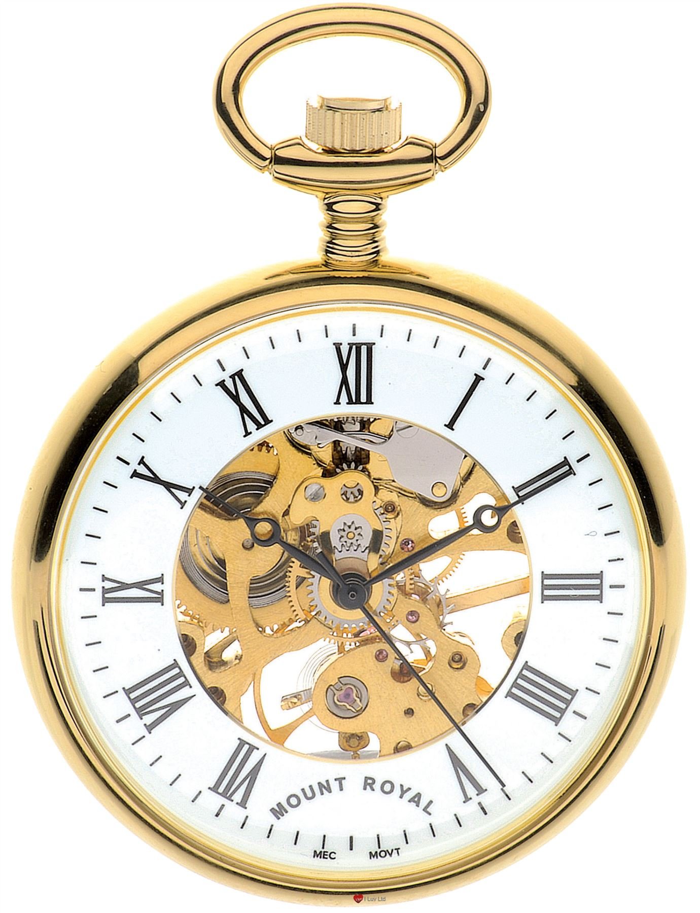 I LUV LTD Reloj de Bolsillo de Cara Abierta con Esqueleto Chapado en Oro y números Romanos 17 Joya