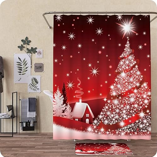 Miniatura 4 de Shinning - Juego de cortinas de ducha con árbol de Navidad para baño con alfombras antideslizantes, cubierta para tapa de inodoro, tapete de baño y