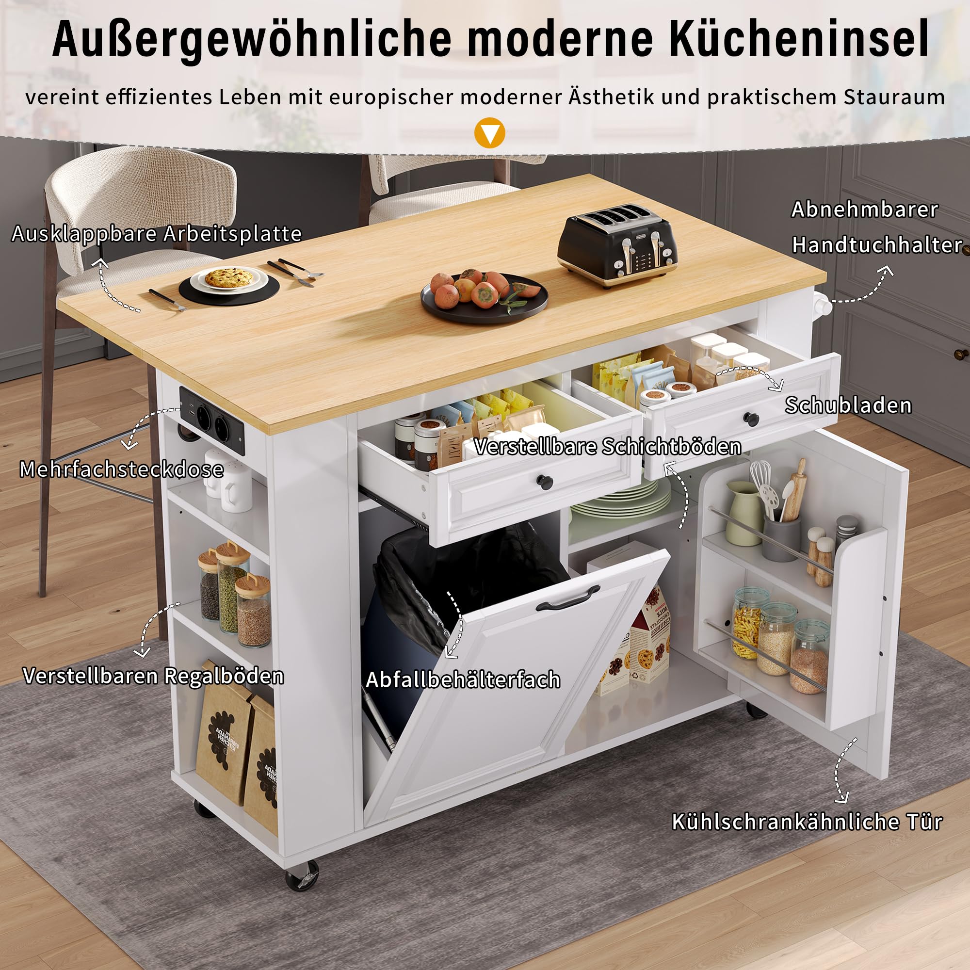 Kücheninsel mit Rollen ausziehbarem Esstisch, Mobile Kücheninsel mit Steckdosen, Abfallbehälterfach Handtuchhalter, Platzsparender Küchentrolley mit Stauraum für kleine Küchen Esszimmer (Weiß)