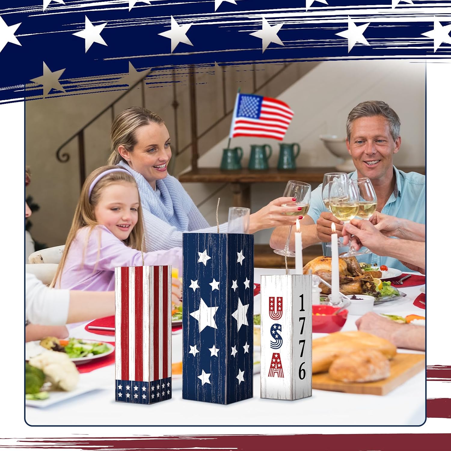 3 Pcs Large 4th of July Wooden Porch Sign Patriotic Wooden Firework Porch Decor 250th Anniversary Rustic Memorial Day Decor American National Days Yard Sign for Indoor Outdoor(Square)