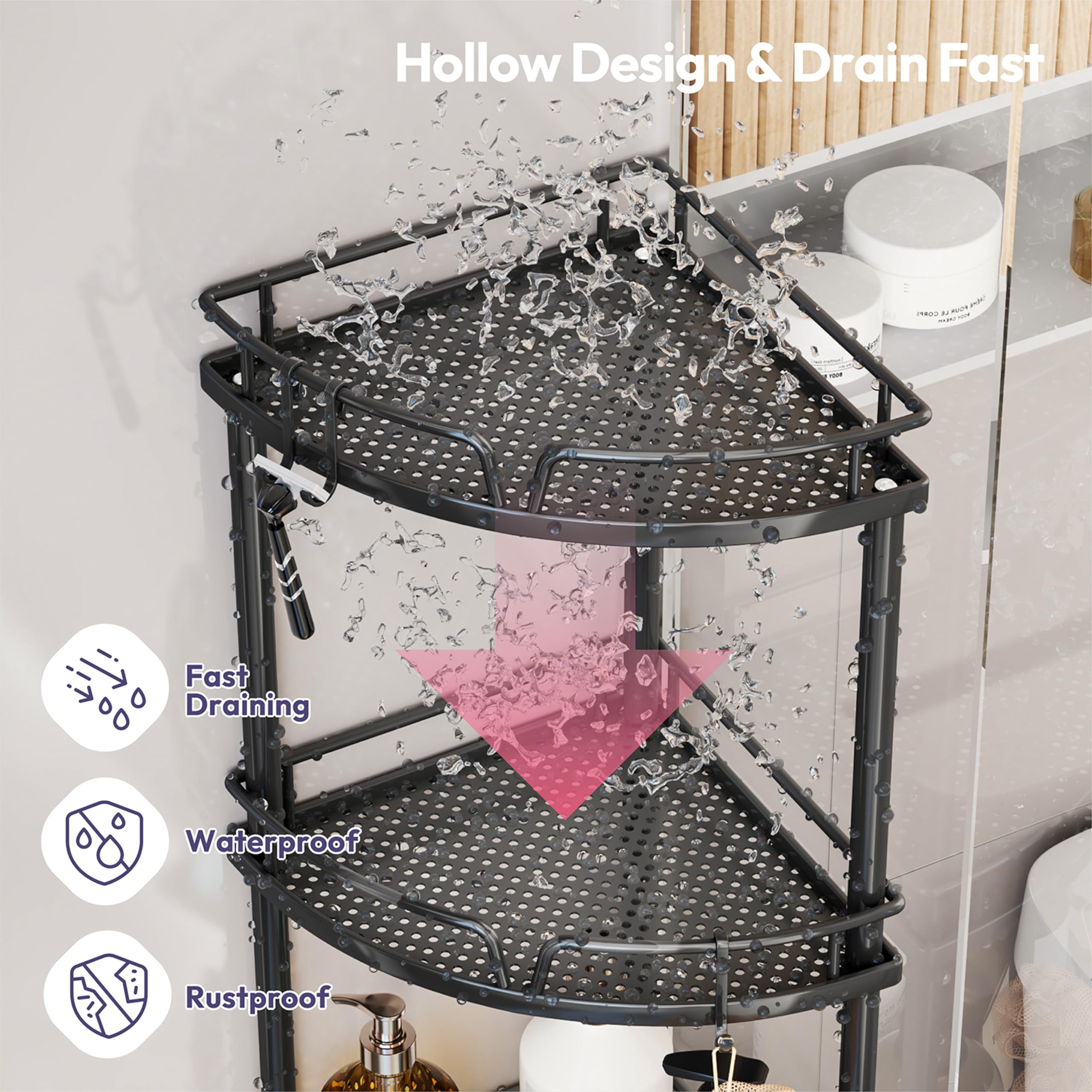 SWTYMIKI Duschablage ohne Bohren Ecke - 3 Stück Duschregal Stehend | Duschablage Freistehend Badezimmer Organizer mit Seifenablage & 4 Haken, Duschregal Ohne Bohren für Shampoo und Duschgel