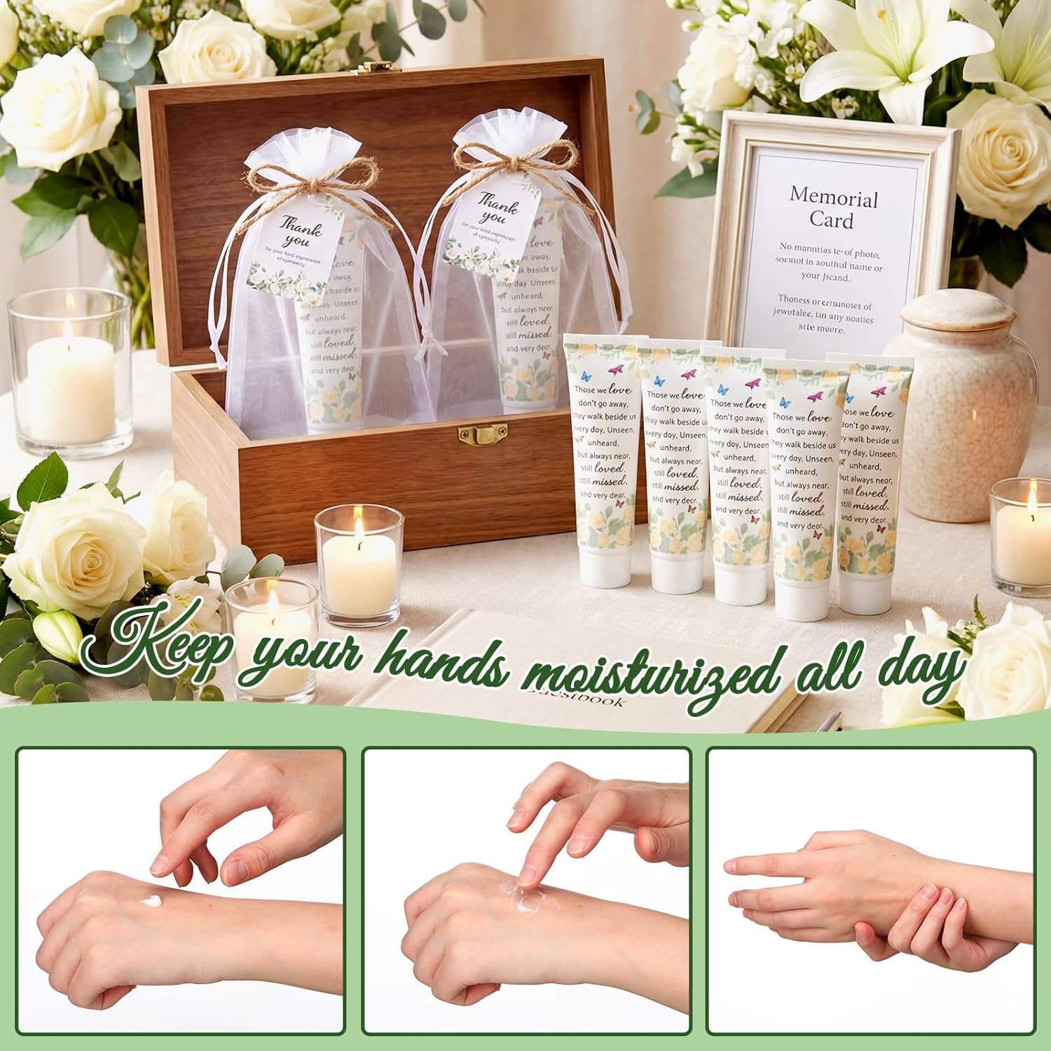 50 Set/ 200 Pcs Funeral Favors Celebration of Life Favors Hand Cream Sets for Funeral Memorial Party Guest Thank You Return Hand Lotion Gifts(Eucalyptus, Flower)