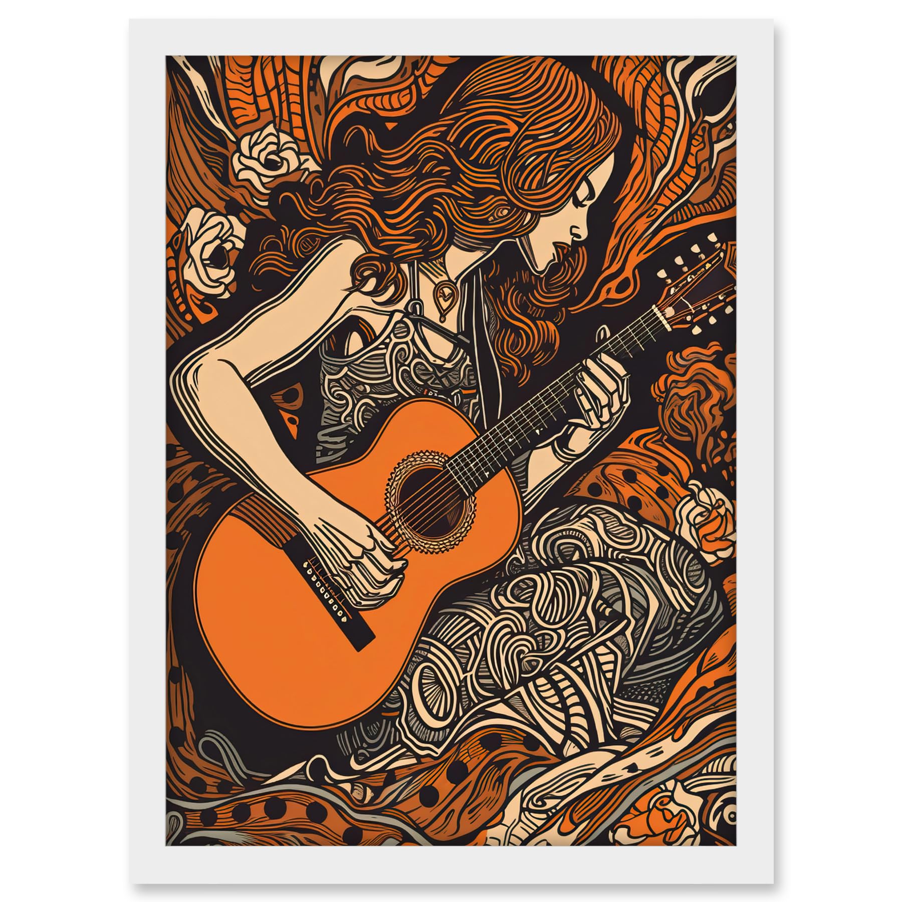 Artery8 Woman Playing Guitar Music in Rose Flower Field Artwork Framed A3 Wall Art Print