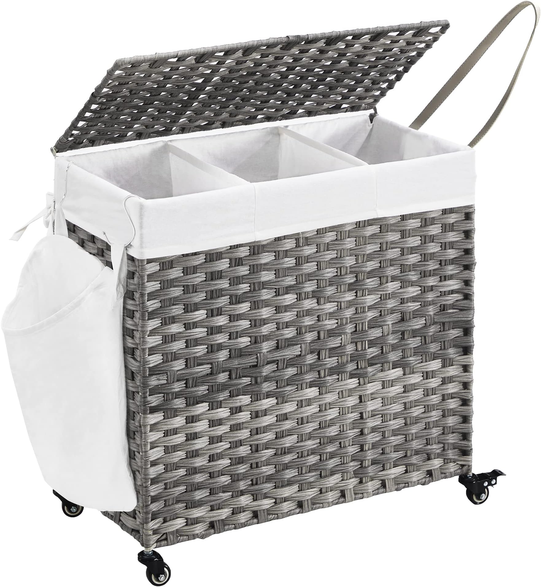 Laundry Basket with Lid, 140 L, Laundry Hamper, 3 Compartments, Laundry Sorter with Wheels, Rattan Look, Laundry Bag, Removable, for Laundry Room, 66 x 33 x 66 cm, Grey LCB363G01